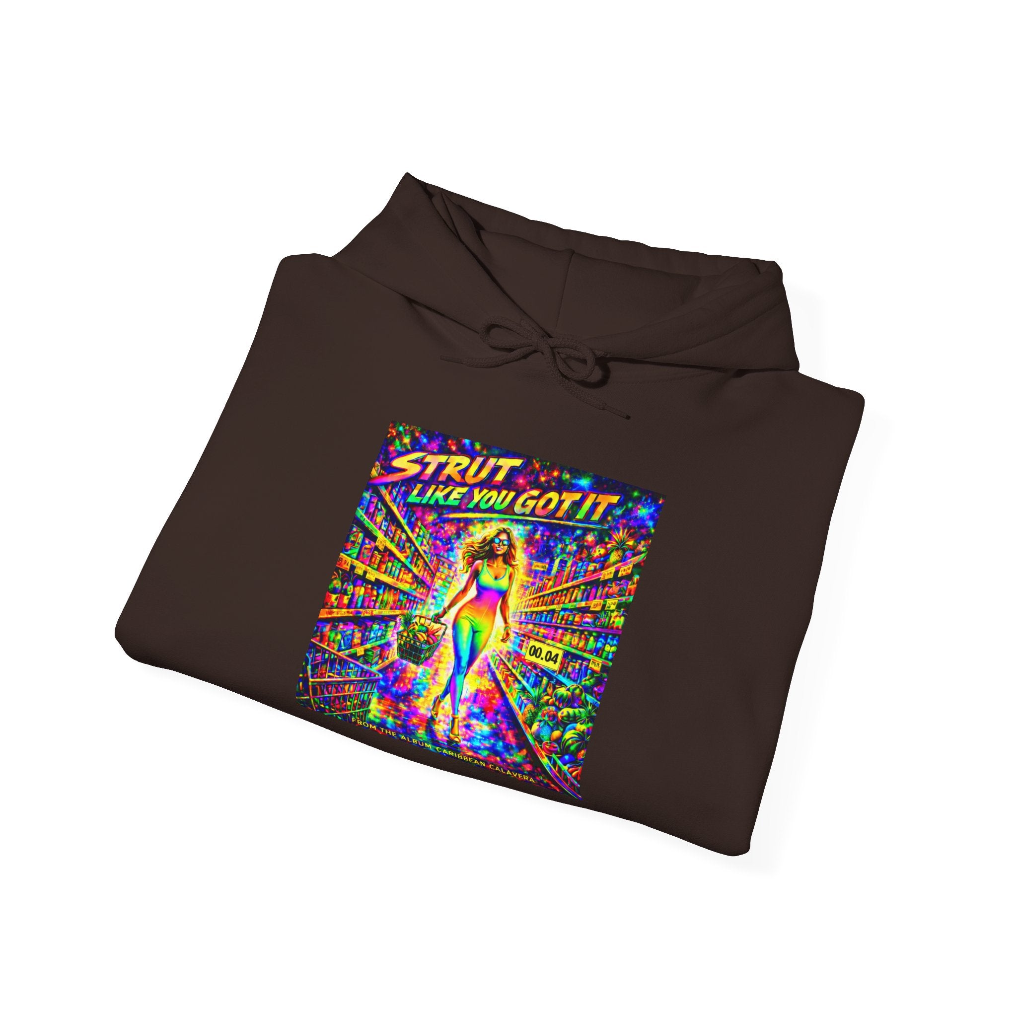 Strut! Like You Got It Retro Disco Hoodie Song Cover Art From The Caribbean Calavera Album — Colorful Rainbow Graphic