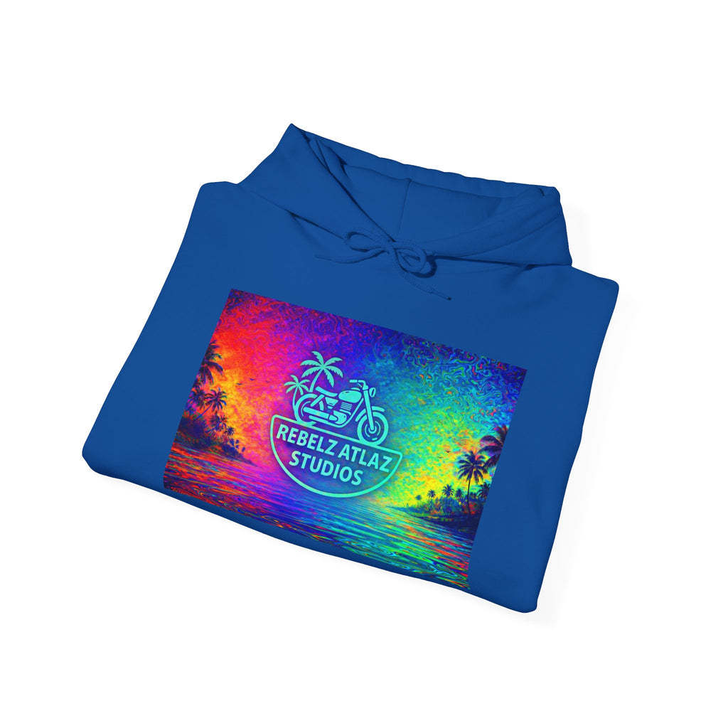 Rebelz Atlaz Studios Tropical Sunset Hoodie — Vibrant Rainbow Beach Graphic