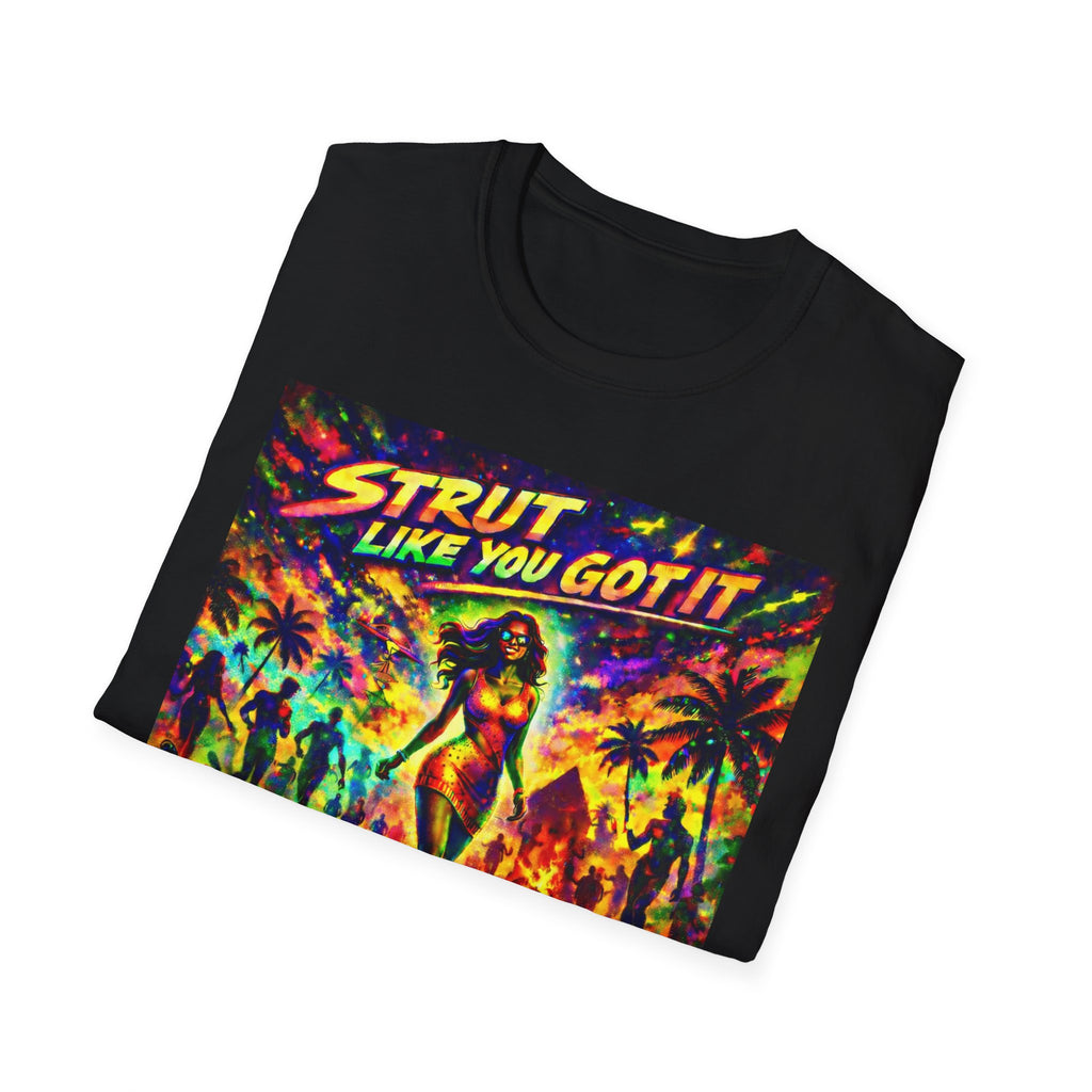 Strut Like You Got It Graphic T-Shirt  Song Cover Art From The Caribbean Calavera Album — Retro Neon Beach Vibe