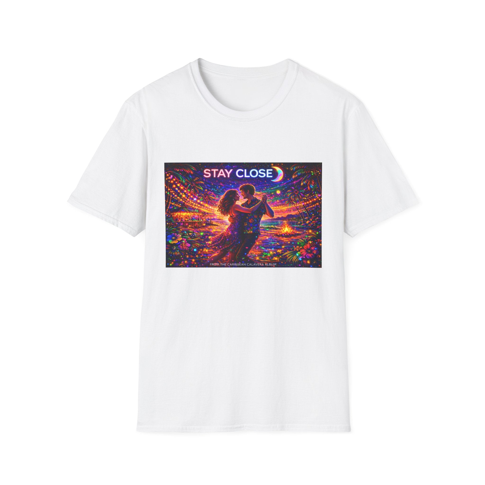 Stay Close Romantic Graphic T‑Shirt  Song Cover Art From The Caribbean Calavera Album  — Neon Couple Illustration