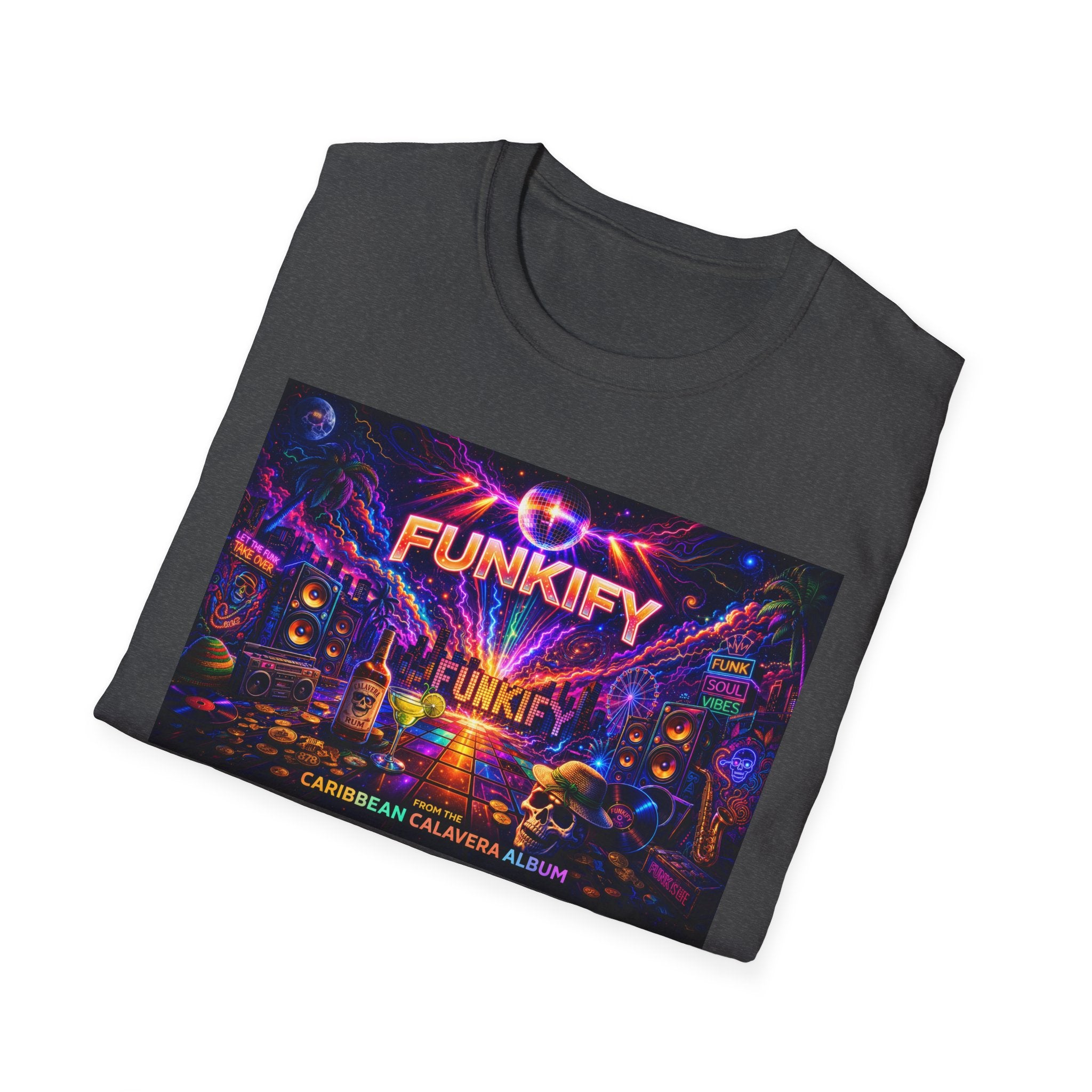 Funkify   Song Cover Art From The Caribbean Calavera Album  Neon City T-Shirt – Retro Synthwave Music Tee