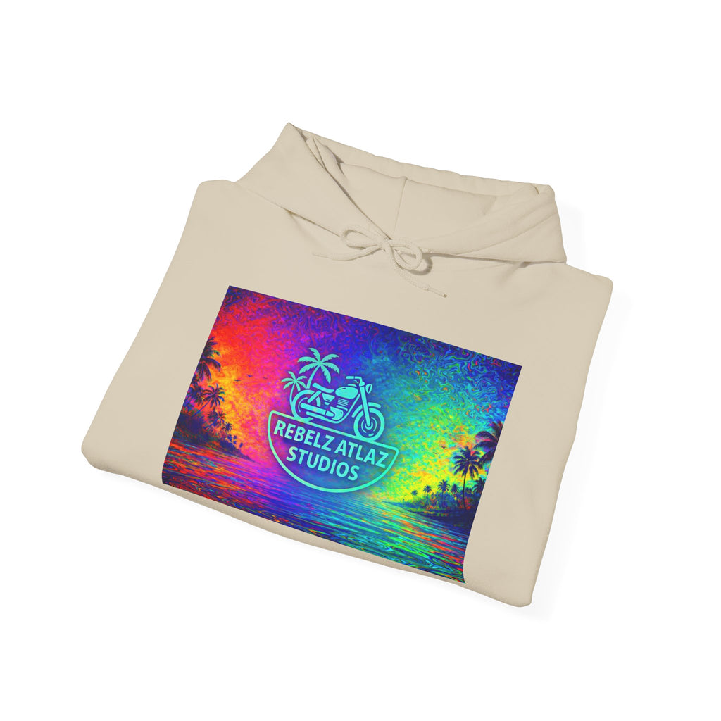 Rebelz Atlaz Studios Tropical Sunset Hoodie — Vibrant Rainbow Beach Graphic