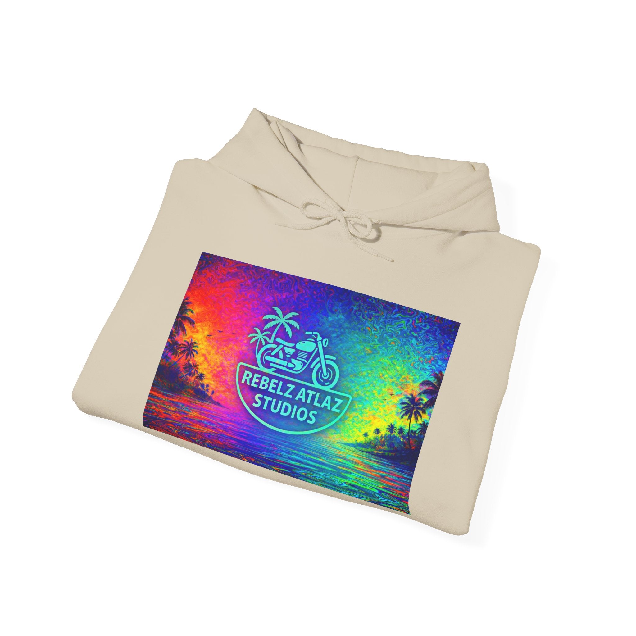 Rebelz Atlaz Studios Tropical Sunset Hoodie — Vibrant Rainbow Beach Graphic