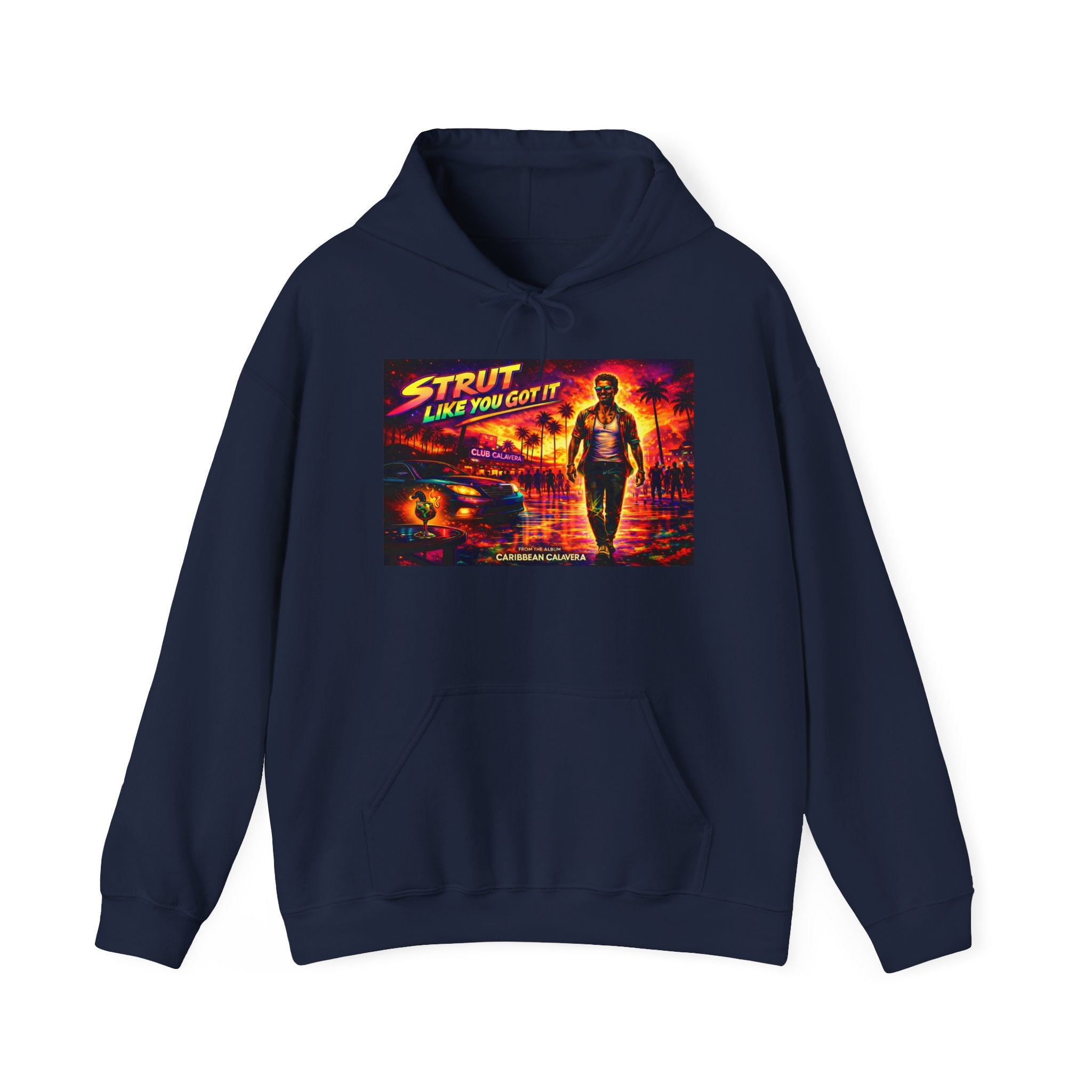 Retro 'Strut Like You Got It' Hoodie Song Cover Art From The Caribbean Calavera Album  — 80s Neon Vaporwave Streetwear
