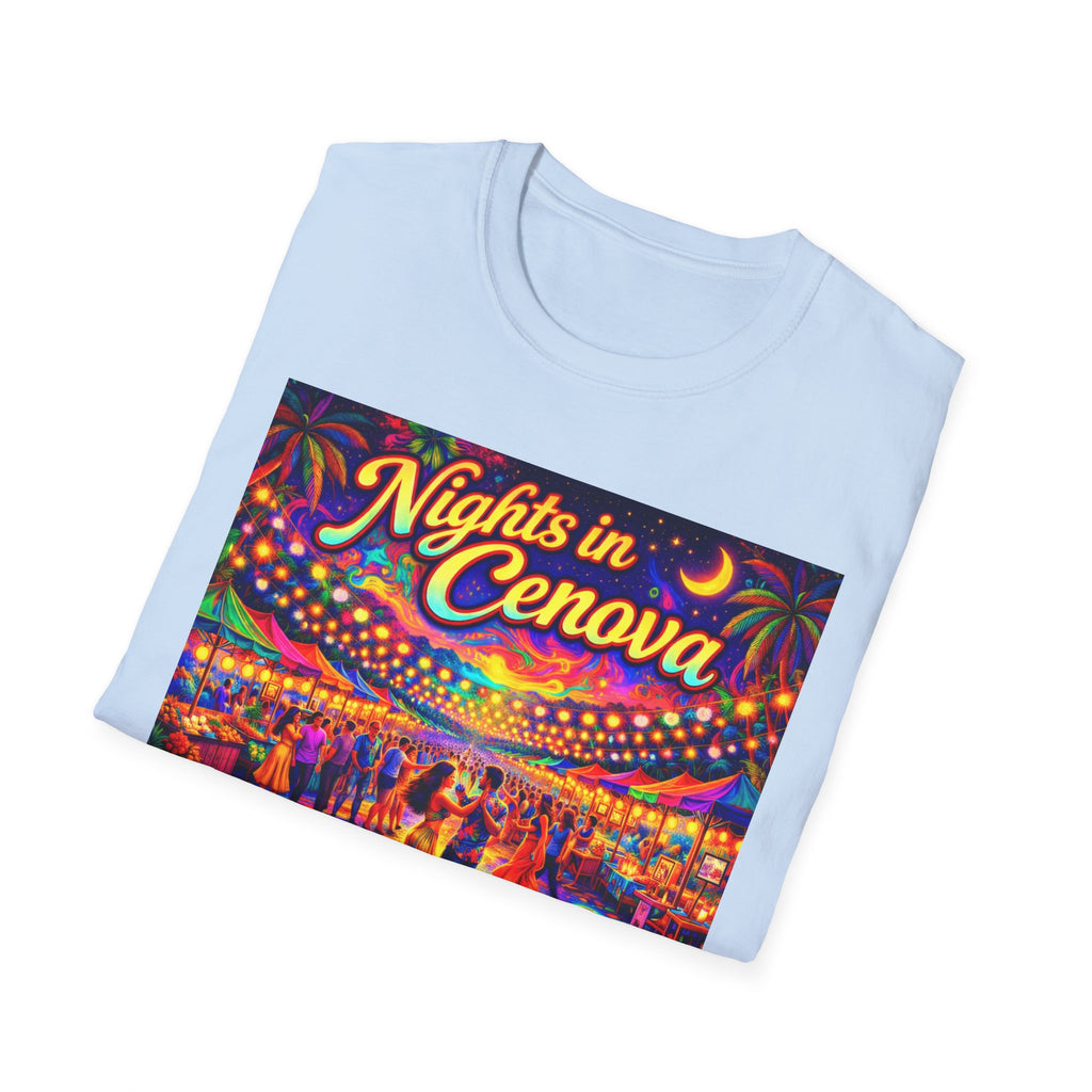 Nights in Cenova Graphic T-Shirt Song Cover Art From The Caribbean Calavera Album — Colorful Festival Street Scene