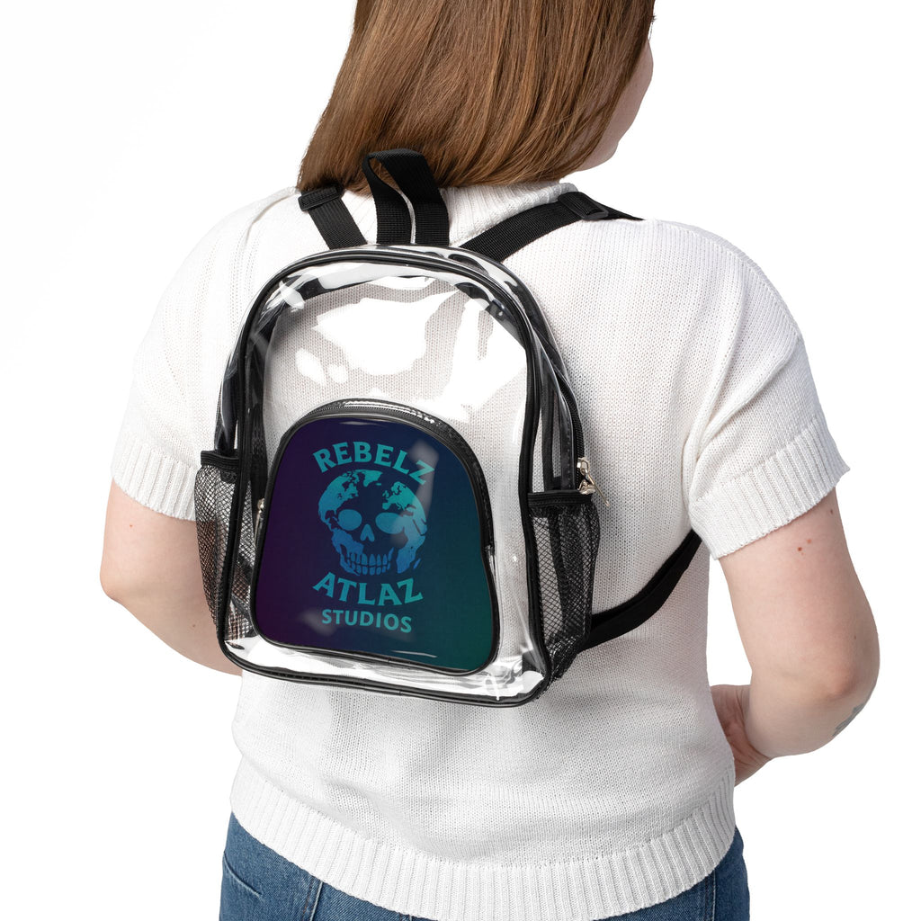 Rebelz Atlaz Studios Logo Skull World Clear Stadium Backpack — Transparent School & Event Bag with Rebel Skull Insert
