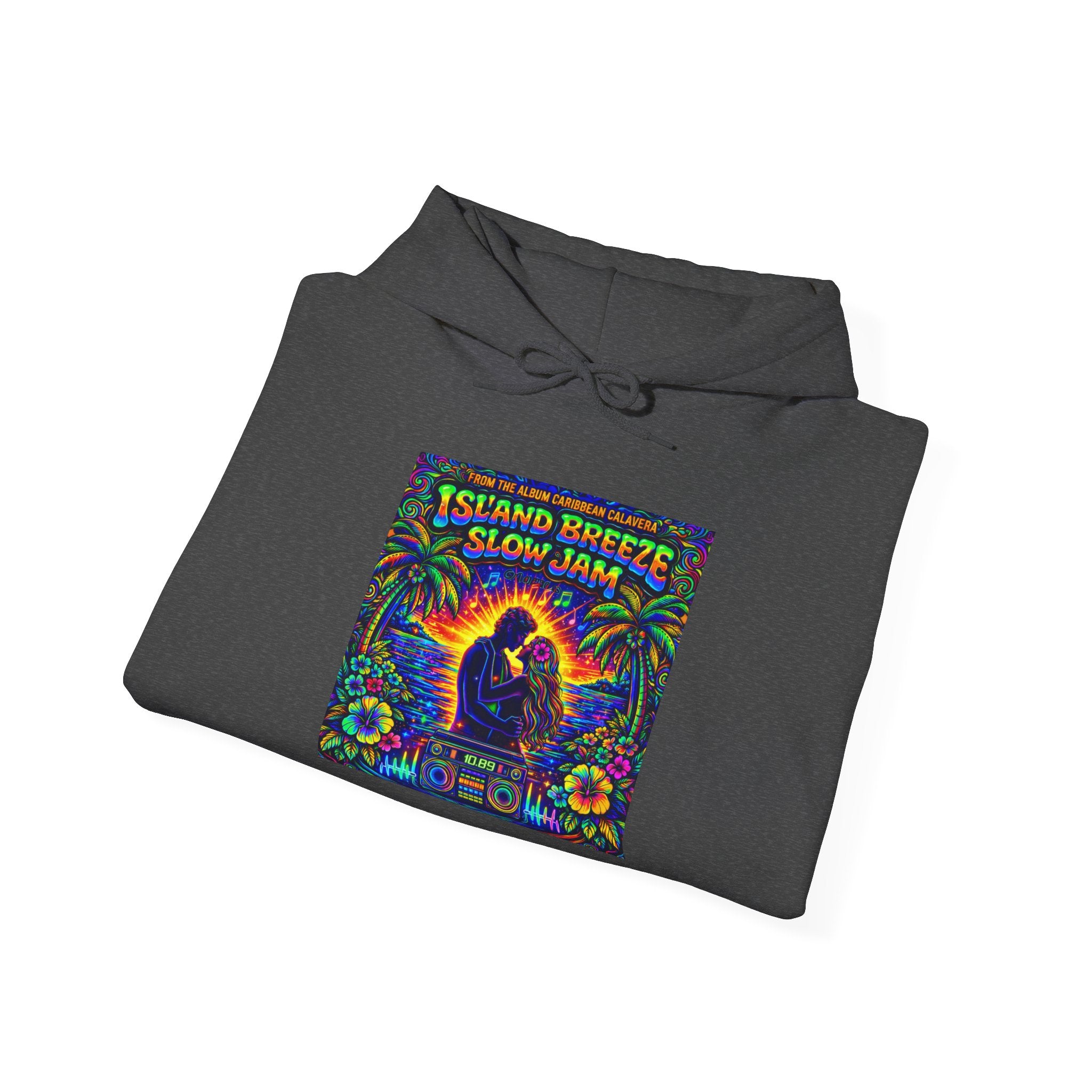 Island Breeze Slow Jam Hoodie  Song Cover Art From The Caribbean Calavera Album  — Retro Tropical Couple Graphic Hoodie