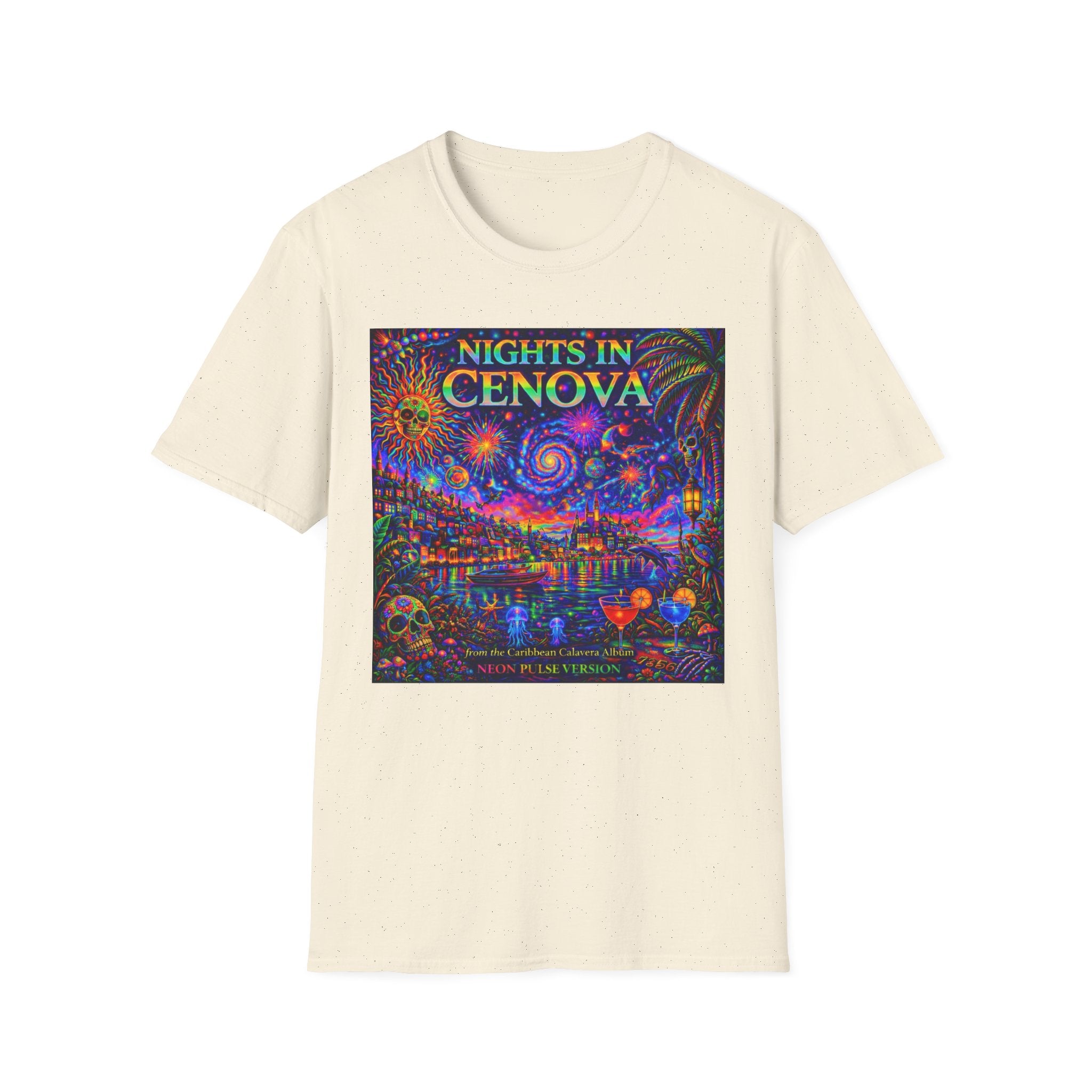 Nights in Cenovia T-Shirt  Song Cover Art From The Caribbean Calavera Album   — Colorful Fireworks Cityscape Tee