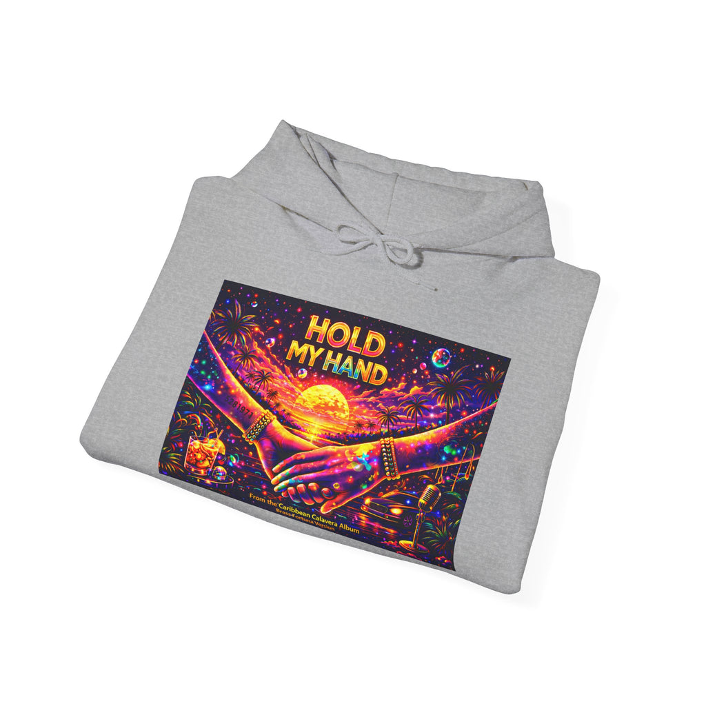 Hold My Hand Cosmic Hoodie Song Cover Art From The Caribbean Calavera Album  — Vibrant Sunset Hands Graphic Sweatshirt