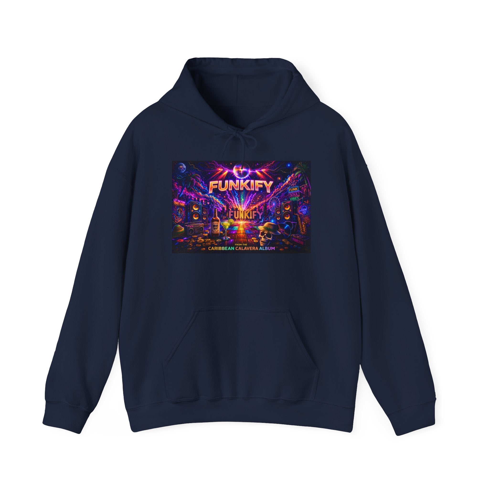 Funkify  Song Cover Art From The Caribbean Calavera Album   Retro Neon Music Hoodie — Vibrant Electronic Festival Sweatshirt