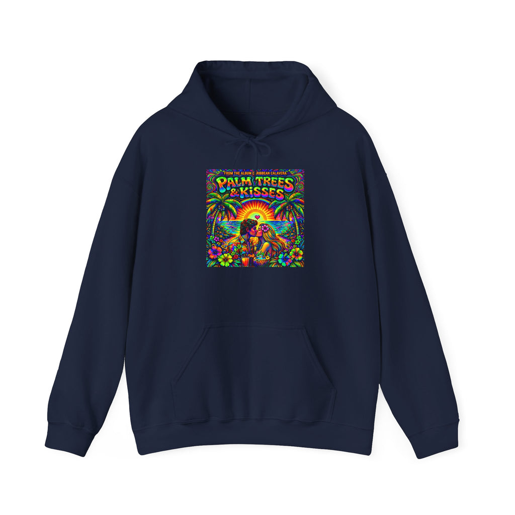 Palm Trees & Kisses Hoodie Song Cover Art From The Caribbean Calavera Album  — Retro Tropical Sunset Graphic Hooded Sweatshirt