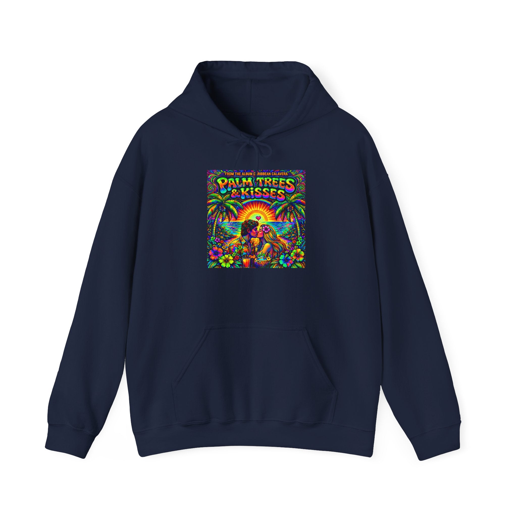 Palm Trees & Kisses Hoodie Song Cover Art From The Caribbean Calavera Album  — Retro Tropical Sunset Graphic Hooded Sweatshirt