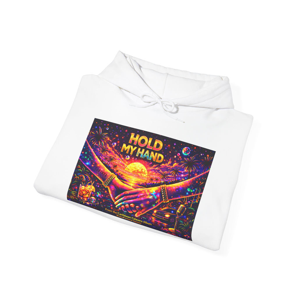 Hold My Hand Cosmic Hoodie Song Cover Art From The Caribbean Calavera Album  — Vibrant Sunset Hands Graphic Sweatshirt