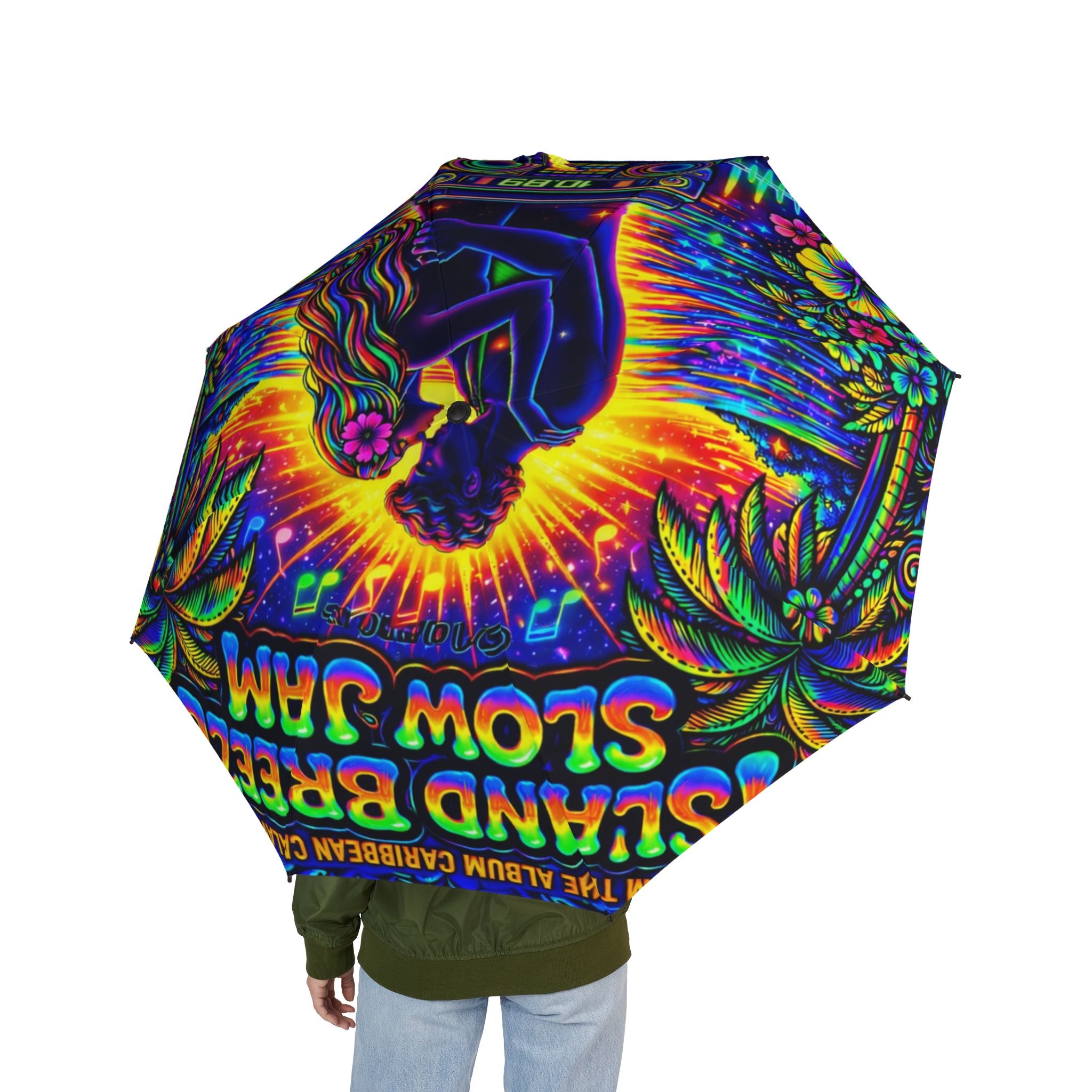Island Breeze Slow Jam Song Cover Artwork Psychedelic Reggae Foldable Umbrella — Colorful Island Vibes, Semi-Automatic