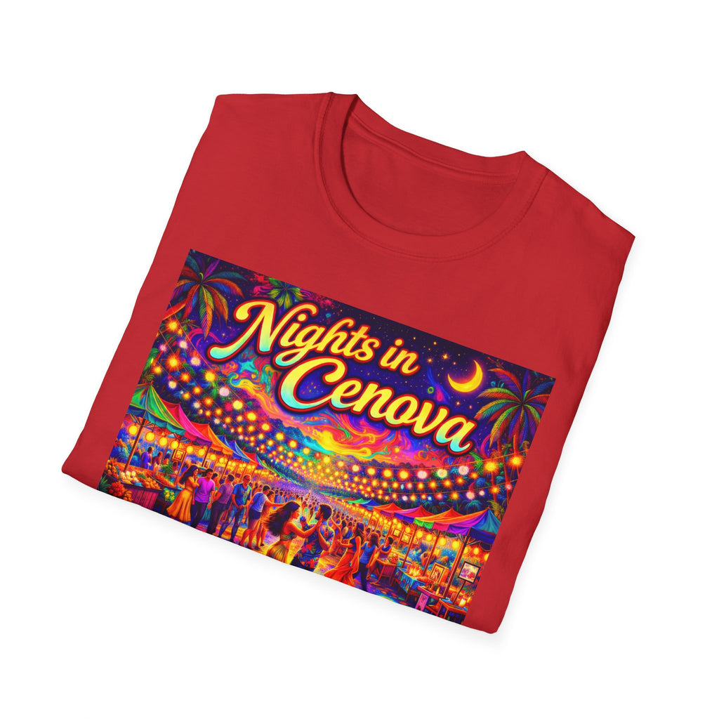 Nights in Cenova Graphic T-Shirt Song Cover Art From The Caribbean Calavera Album — Colorful Festival Street Scene