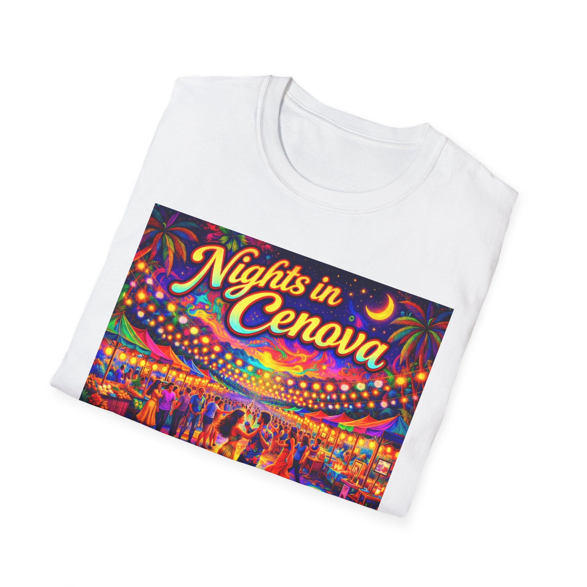 Nights in Cenova Graphic T-Shirt Song Cover Art From The Caribbean Calavera Album — Colorful Festival Street Scene