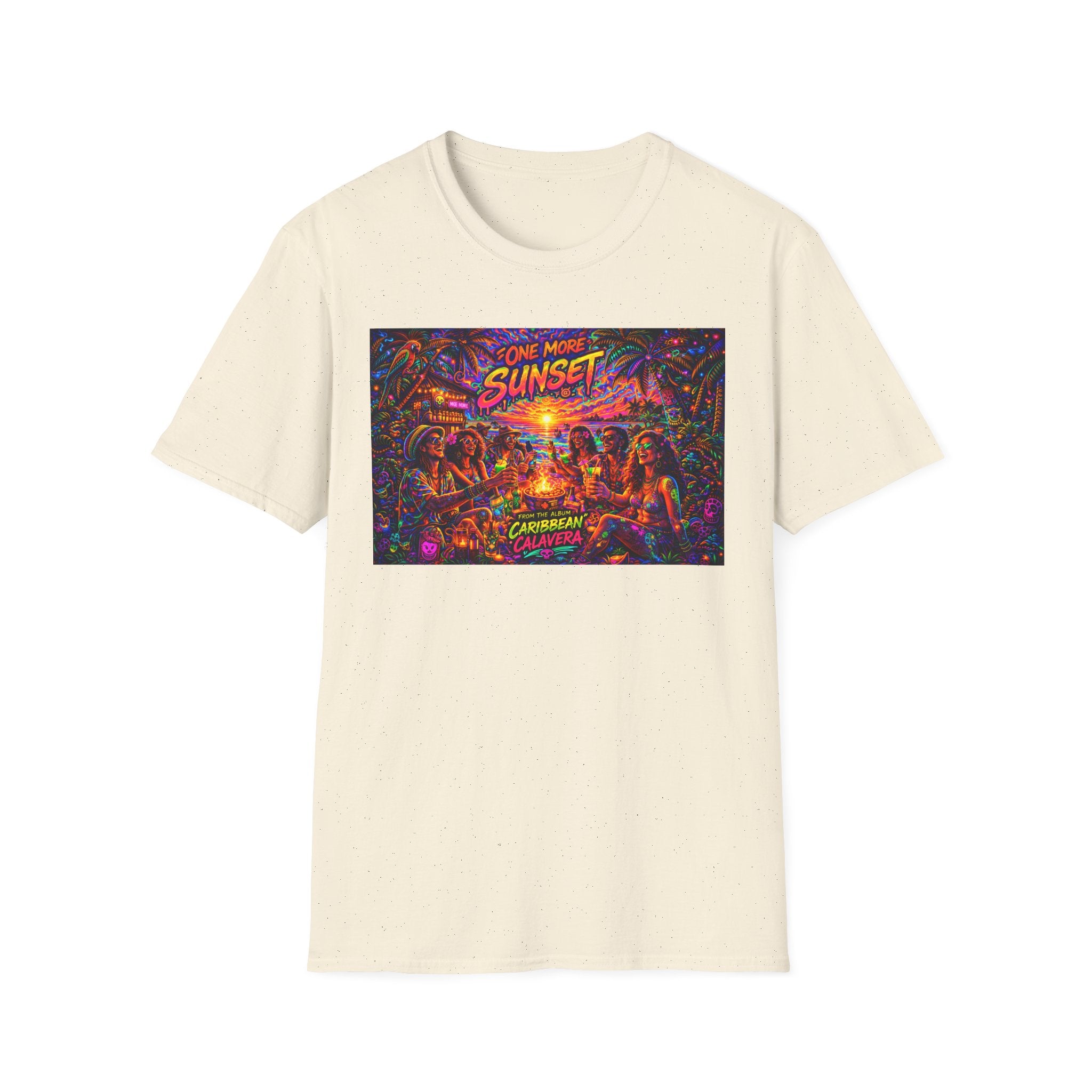 One More Sunset Bonfire Graphic T-Shirt  Song Cover Art From The Caribbean Calavera Album   — "Sunset" Neon Beach Party Tee