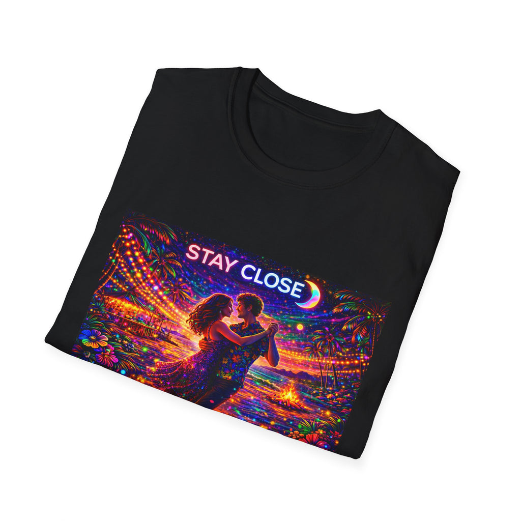 Stay Close Romantic Graphic T‑Shirt  Song Cover Art From The Caribbean Calavera Album  — Neon Couple Illustration