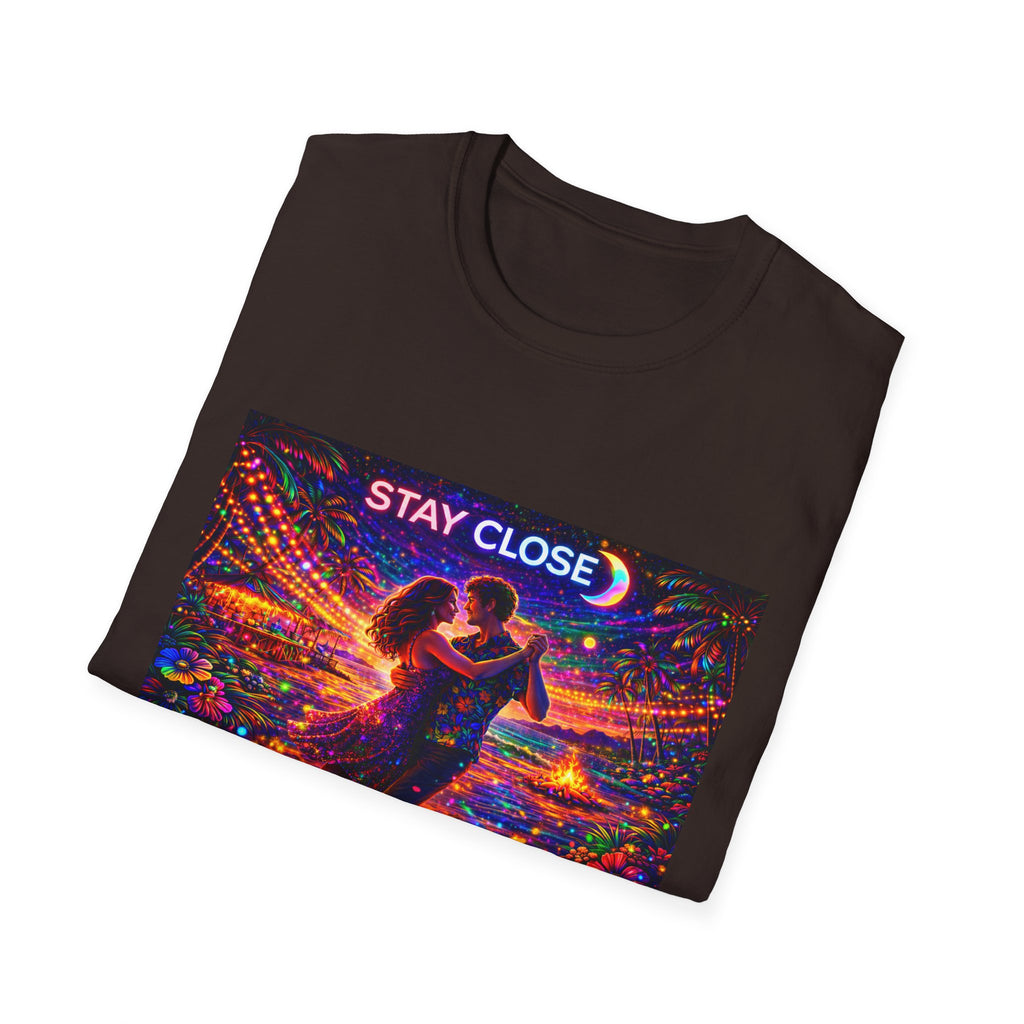 Stay Close Romantic Graphic T‑Shirt  Song Cover Art From The Caribbean Calavera Album  — Neon Couple Illustration