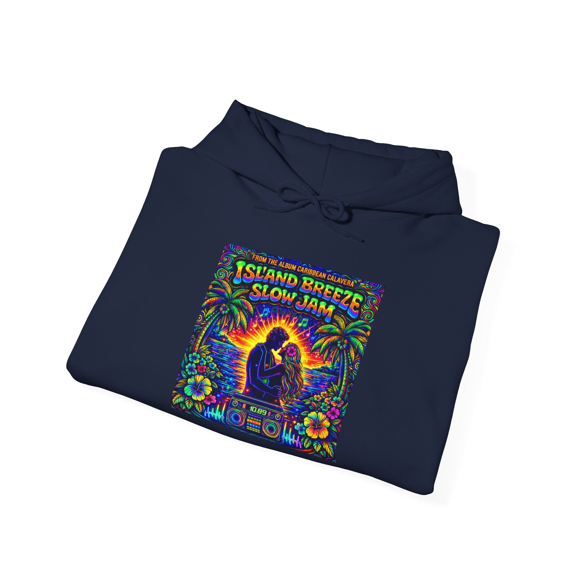 Island Breeze Slow Jam Hoodie  Song Cover Art From The Caribbean Calavera Album  — Retro Tropical Couple Graphic Hoodie