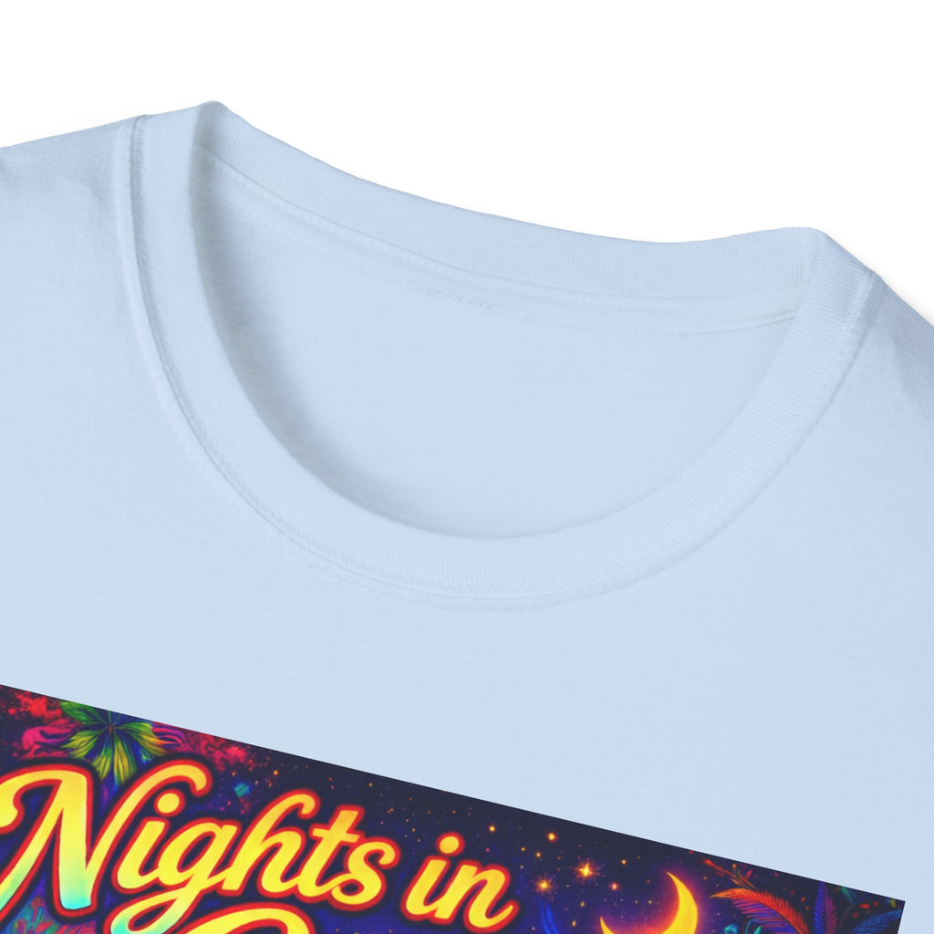 Nights in Cenova Graphic T-Shirt Song Cover Art From The Caribbean Calavera Album — Colorful Festival Street Scene