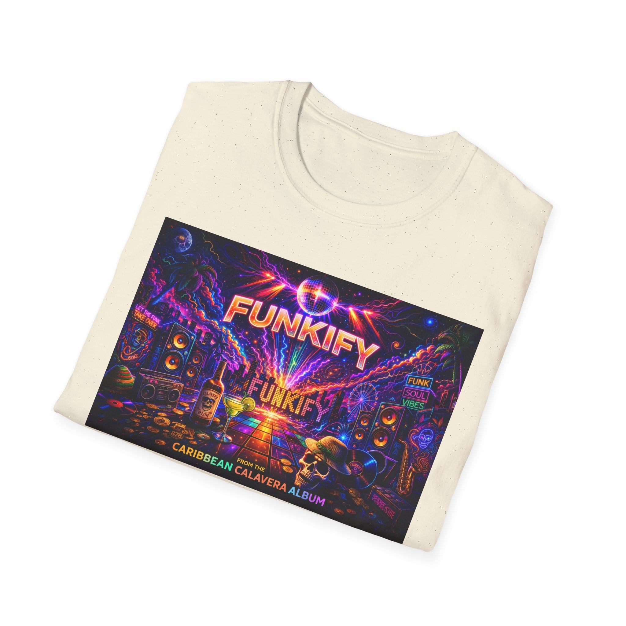 Funkify   Song Cover Art From The Caribbean Calavera Album  Neon City T-Shirt – Retro Synthwave Music Tee