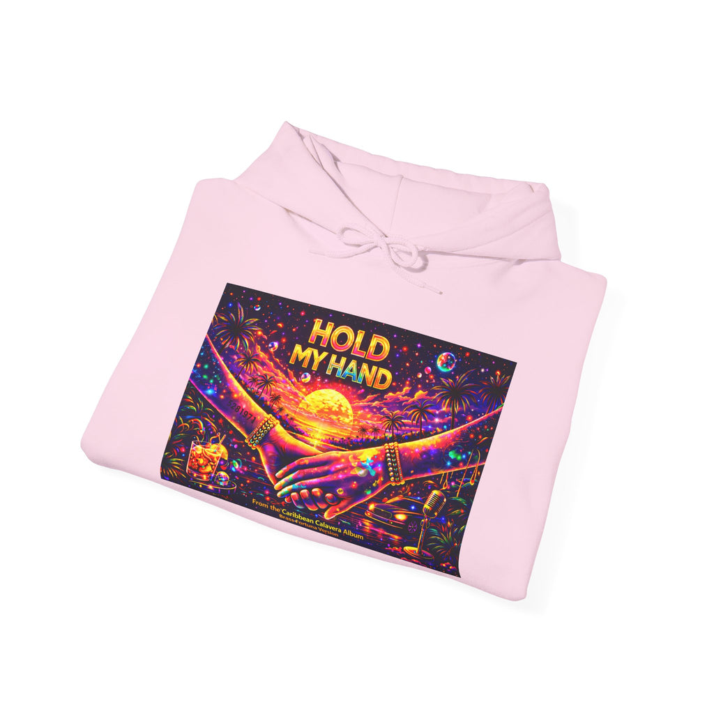 Hold My Hand Cosmic Hoodie Song Cover Art From The Caribbean Calavera Album  — Vibrant Sunset Hands Graphic Sweatshirt