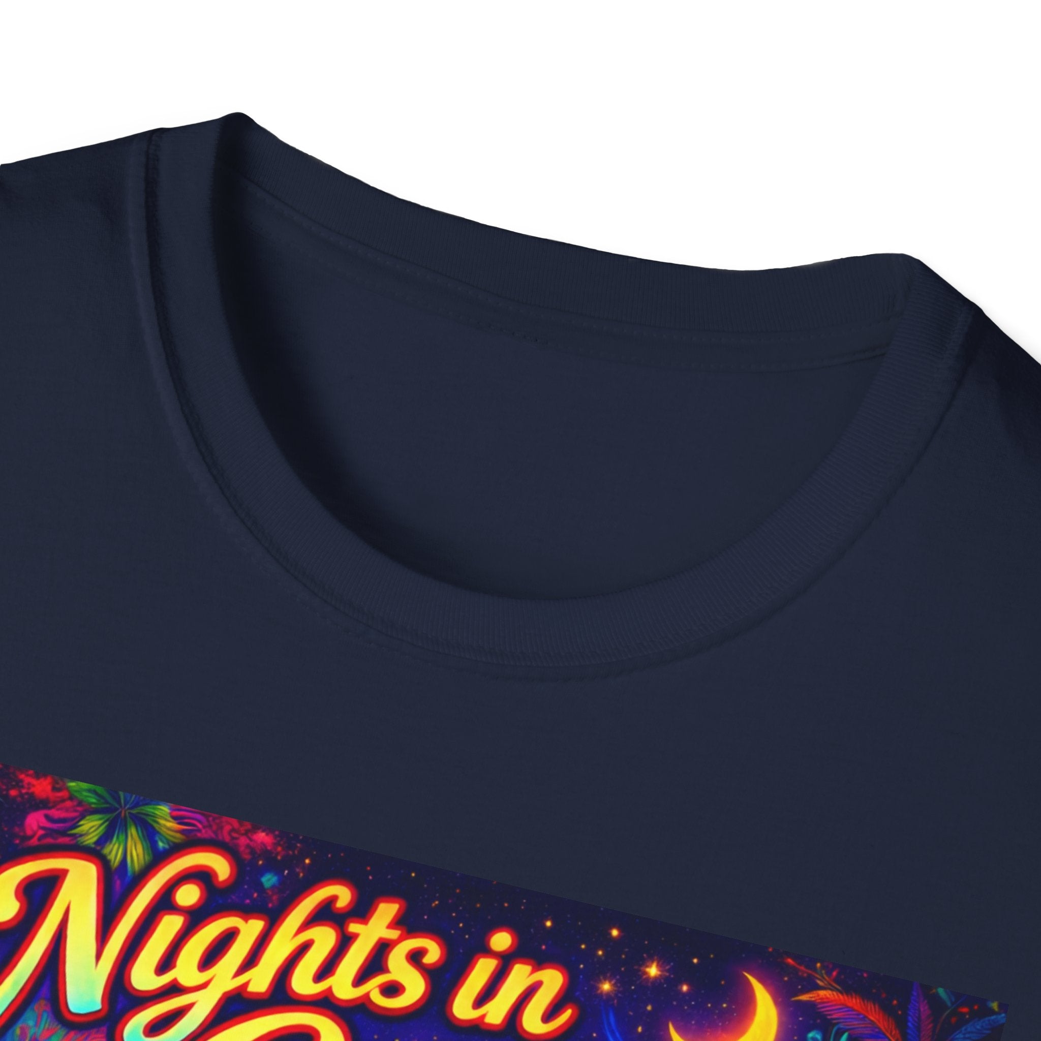 Nights in Cenova Graphic T-Shirt Song Cover Art From The Caribbean Calavera Album — Colorful Festival Street Scene