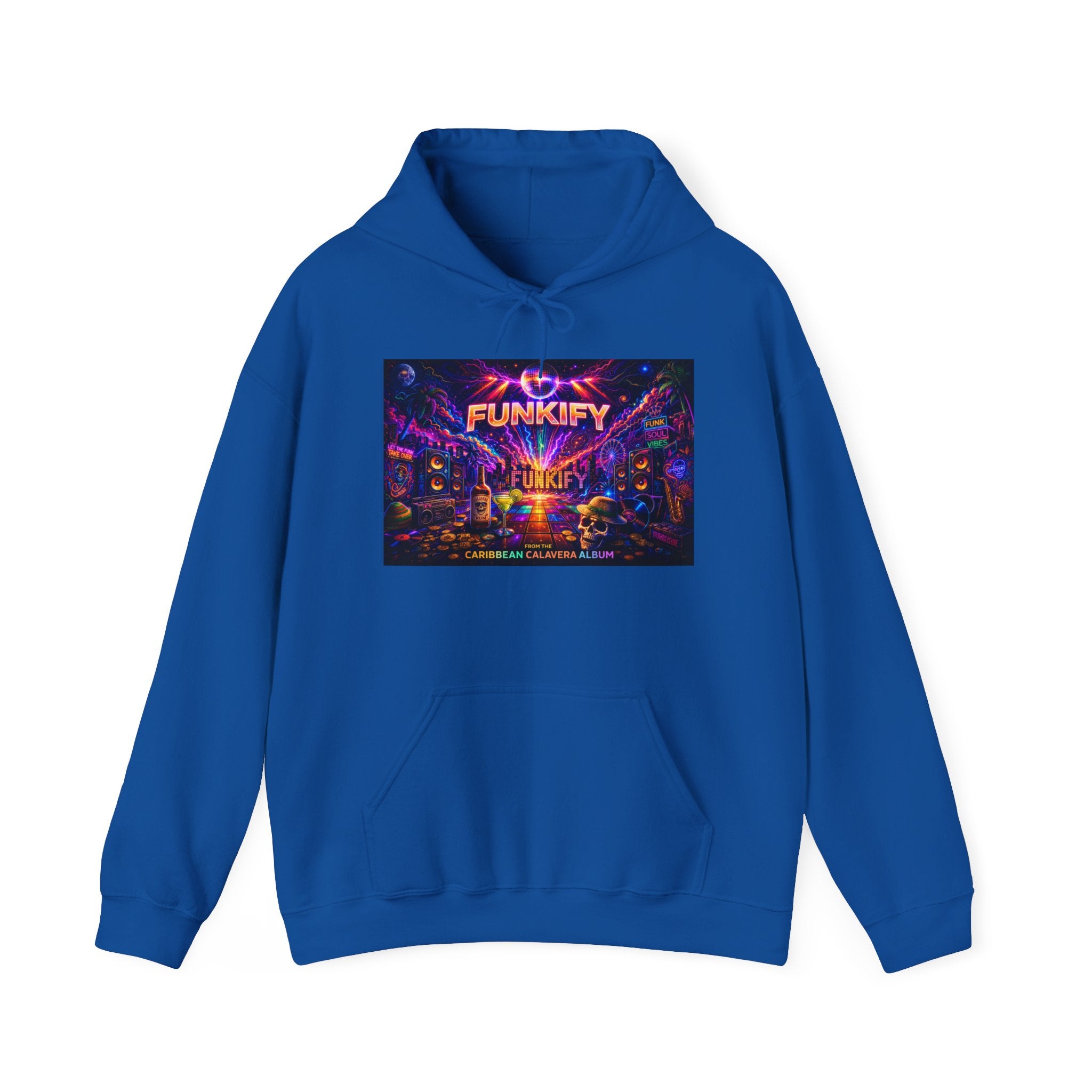 Funkify  Song Cover Art From The Caribbean Calavera Album   Retro Neon Music Hoodie — Vibrant Electronic Festival Sweatshirt