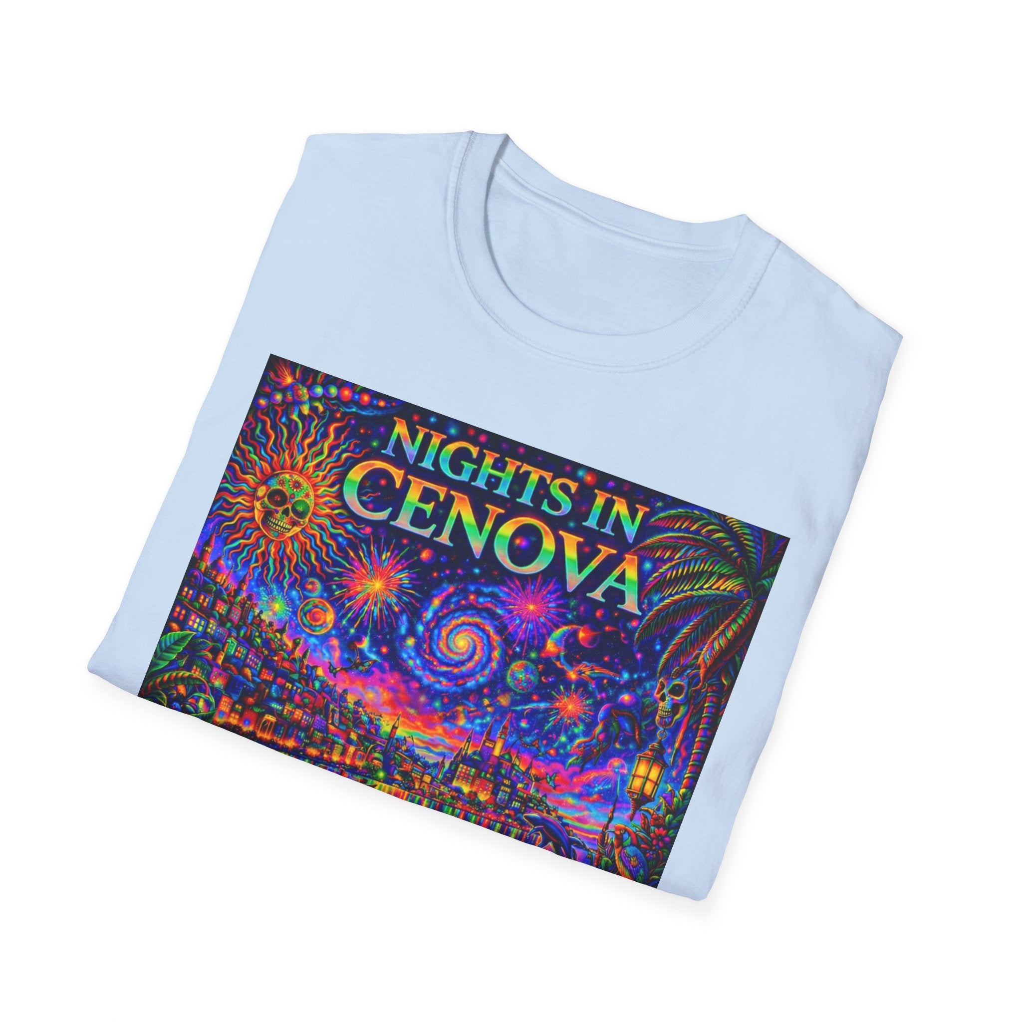 Nights in Cenovia T-Shirt  Song Cover Art From The Caribbean Calavera Album   — Colorful Fireworks Cityscape Tee