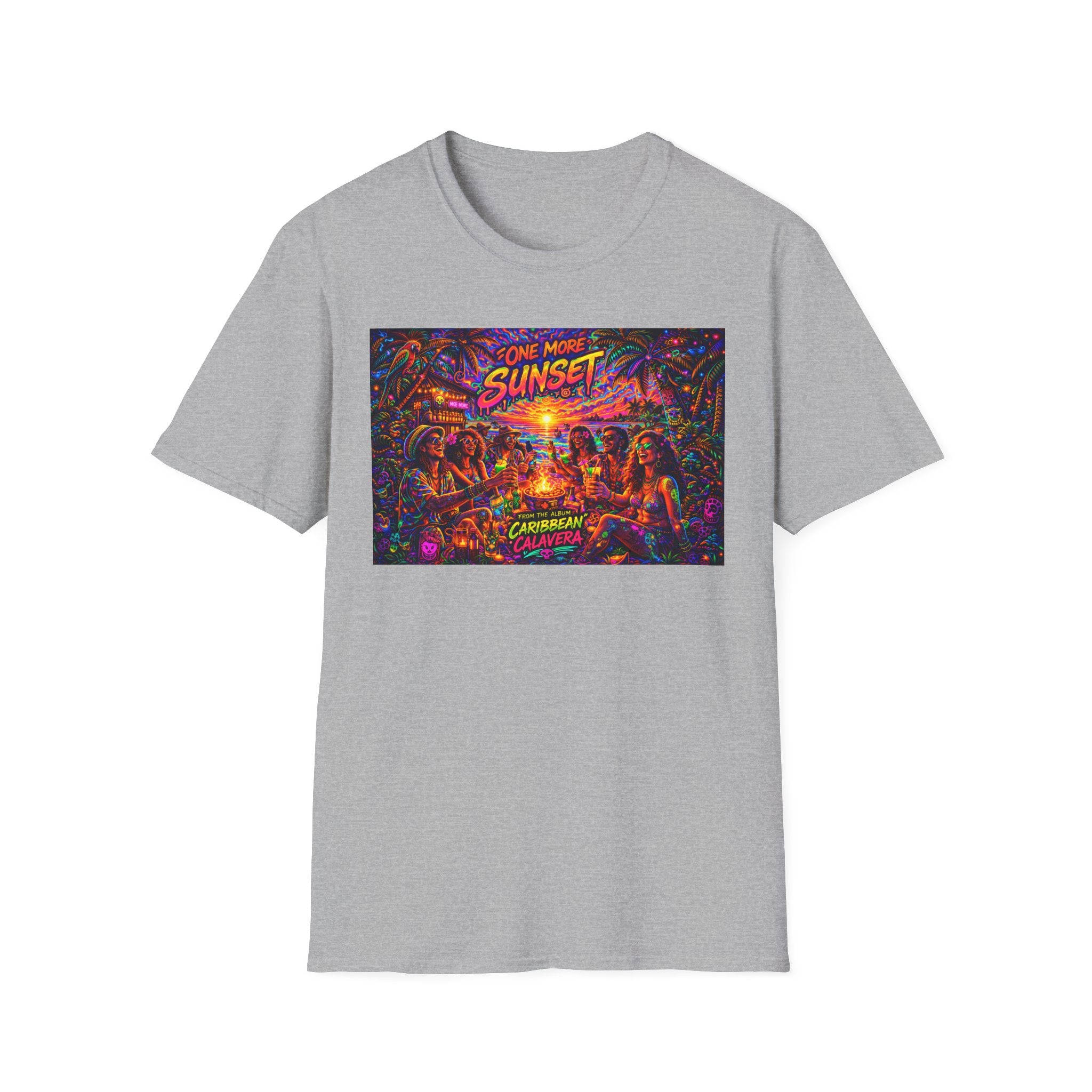 One More Sunset Bonfire Graphic T-Shirt  Song Cover Art From The Caribbean Calavera Album   — "Sunset" Neon Beach Party Tee