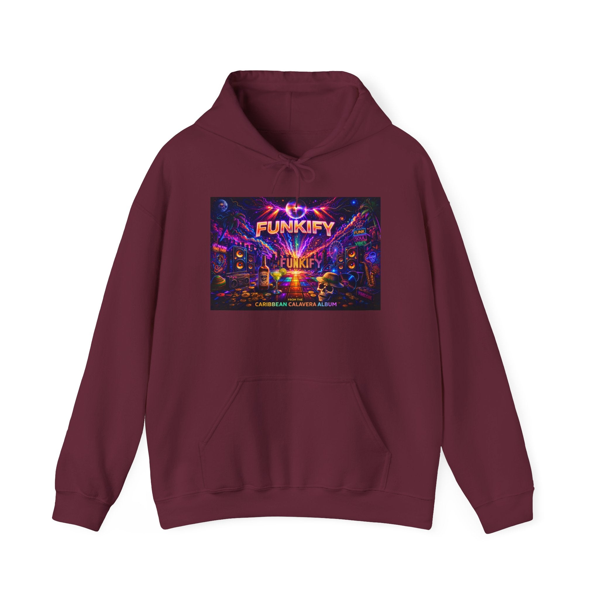 Funkify  Song Cover Art From The Caribbean Calavera Album   Retro Neon Music Hoodie — Vibrant Electronic Festival Sweatshirt