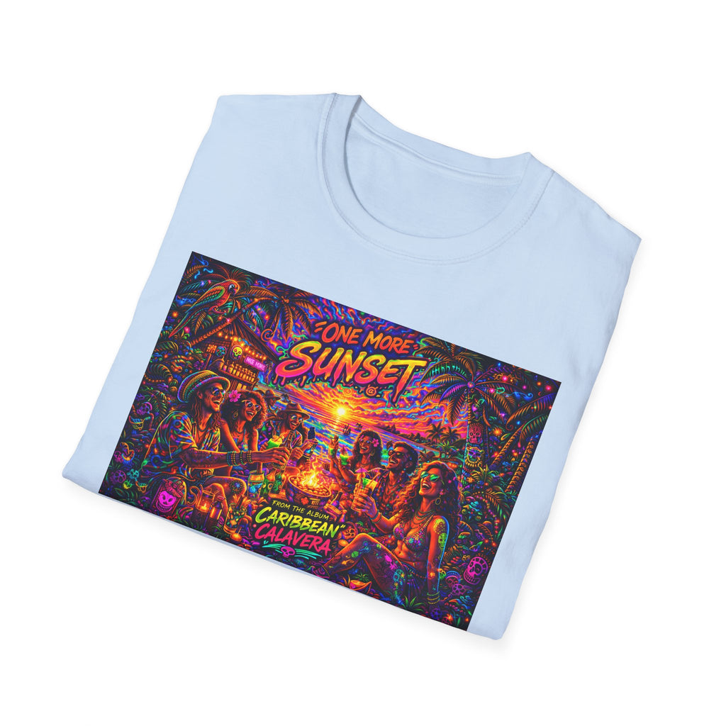 One More Sunset Bonfire Graphic T-Shirt  Song Cover Art From The Caribbean Calavera Album   — "Sunset" Neon Beach Party Tee