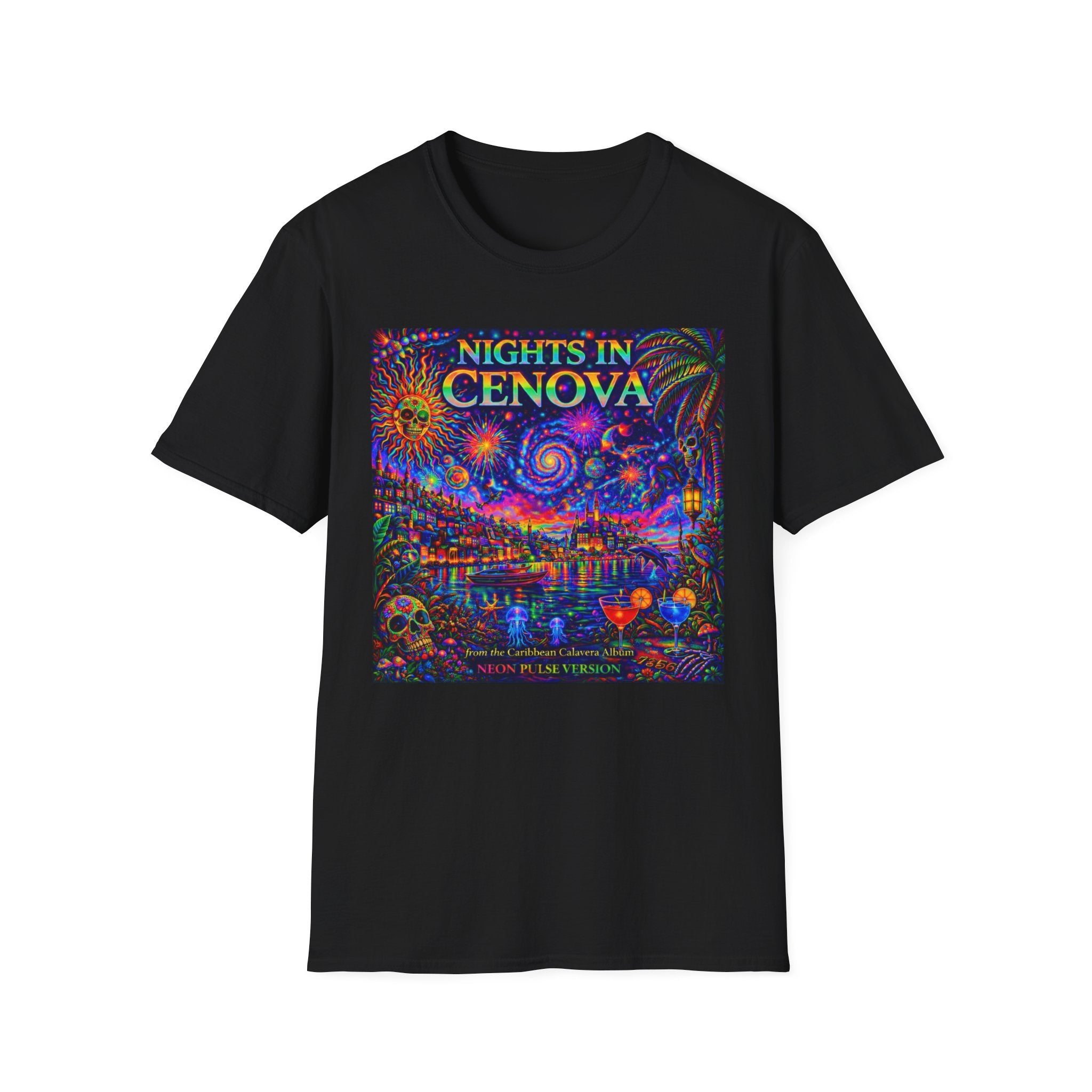 Nights in Cenovia T-Shirt  Song Cover Art From The Caribbean Calavera Album   — Colorful Fireworks Cityscape Tee
