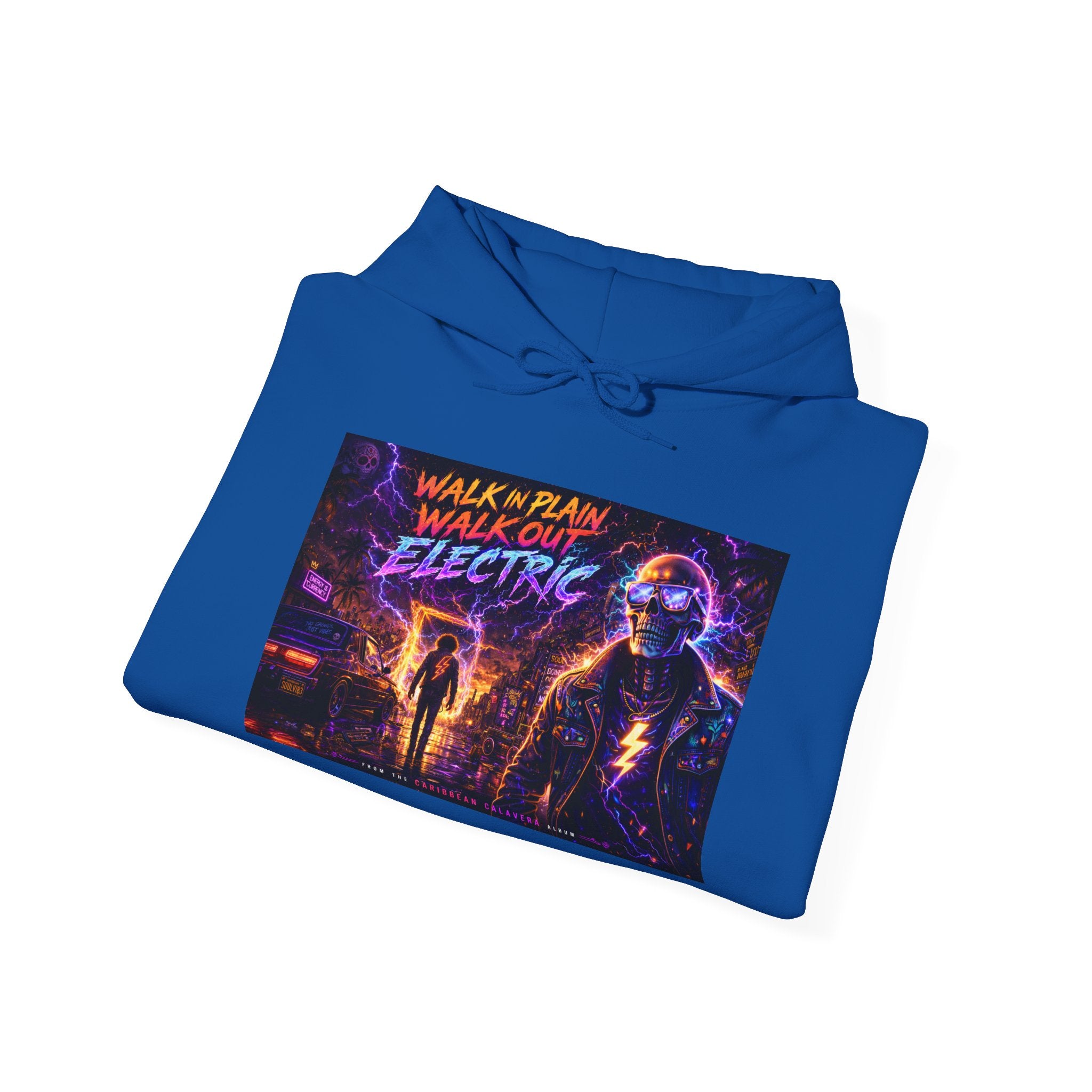 Hoodie — Neon 'Walk With Me, Walk Out Electric' Retro Cyberpunk Design