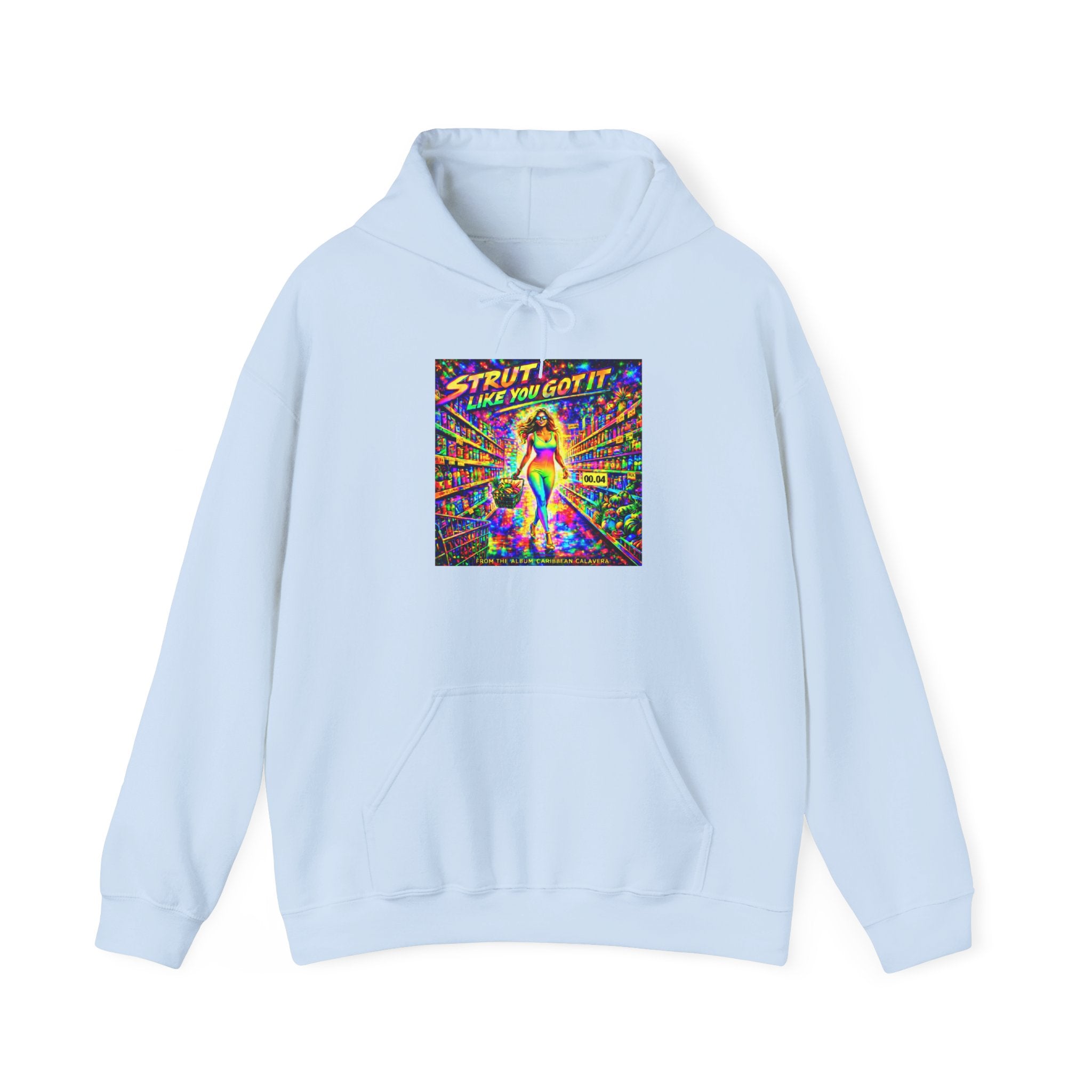 Strut! Like You Got It Retro Disco Hoodie Song Cover Art From The Caribbean Calavera Album — Colorful Rainbow Graphic