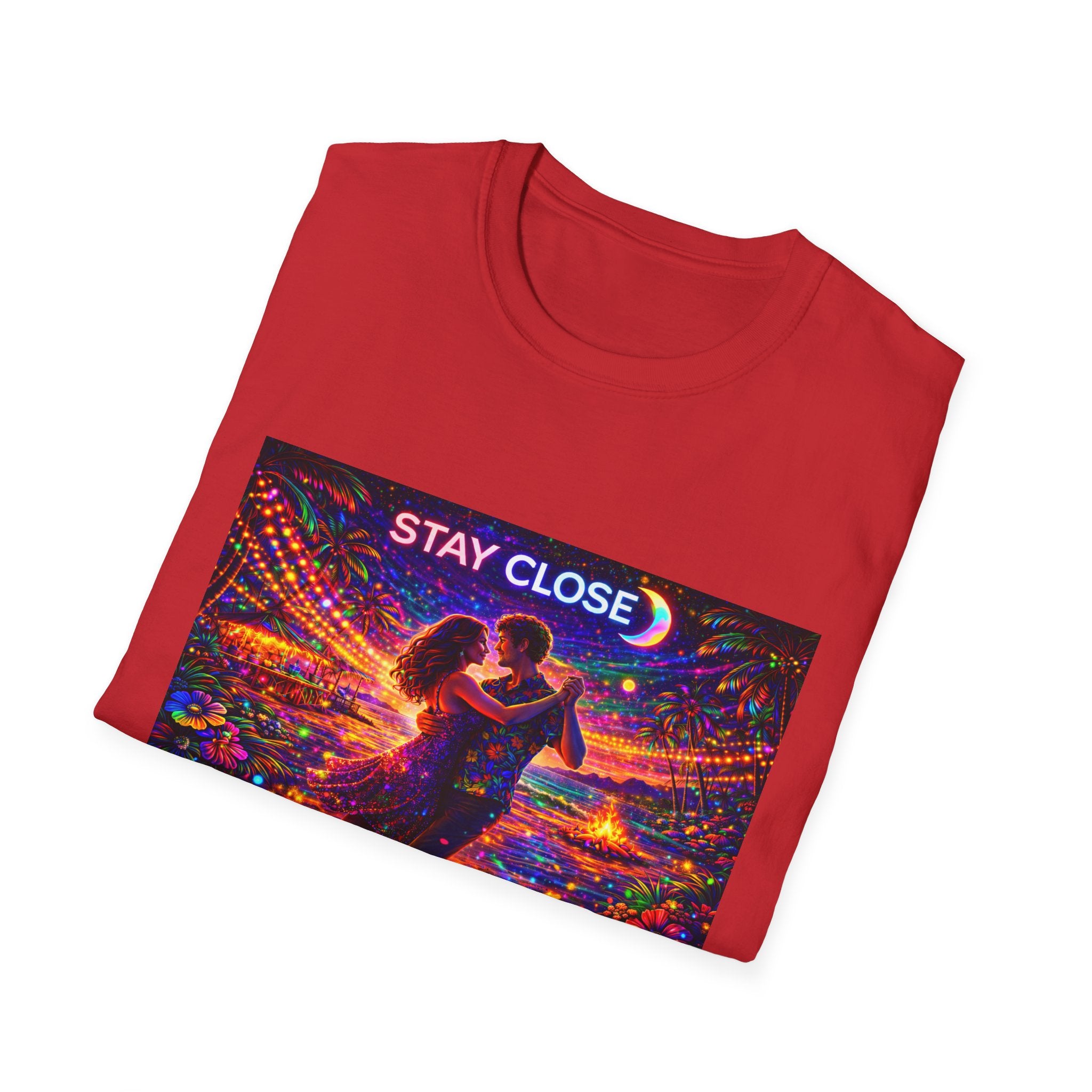 Stay Close Romantic Graphic T‑Shirt  Song Cover Art From The Caribbean Calavera Album  — Neon Couple Illustration