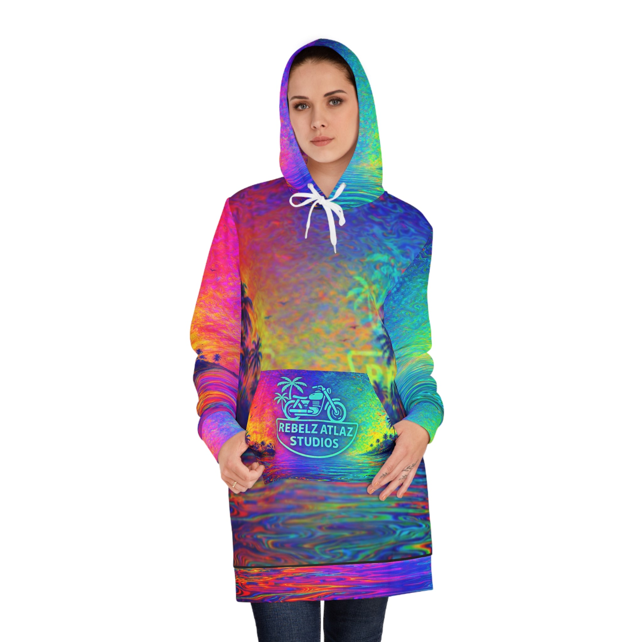 Rebelz Atlaz Logo Splash Hoodie Dress – Neon Motorcycle Beach Logo AOP