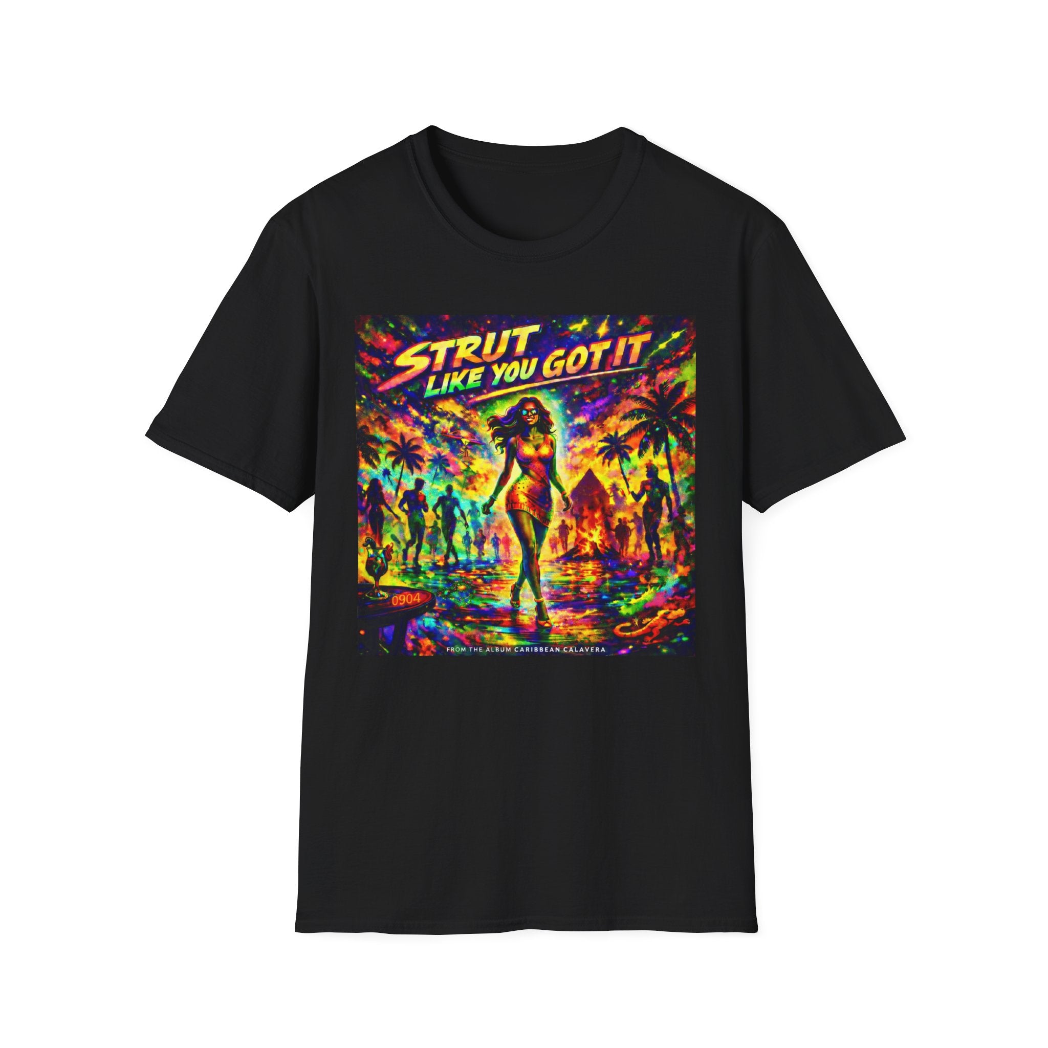 Strut Like You Got It Graphic T-Shirt  Song Cover Art From The Caribbean Calavera Album — Retro Neon Beach Vibe
