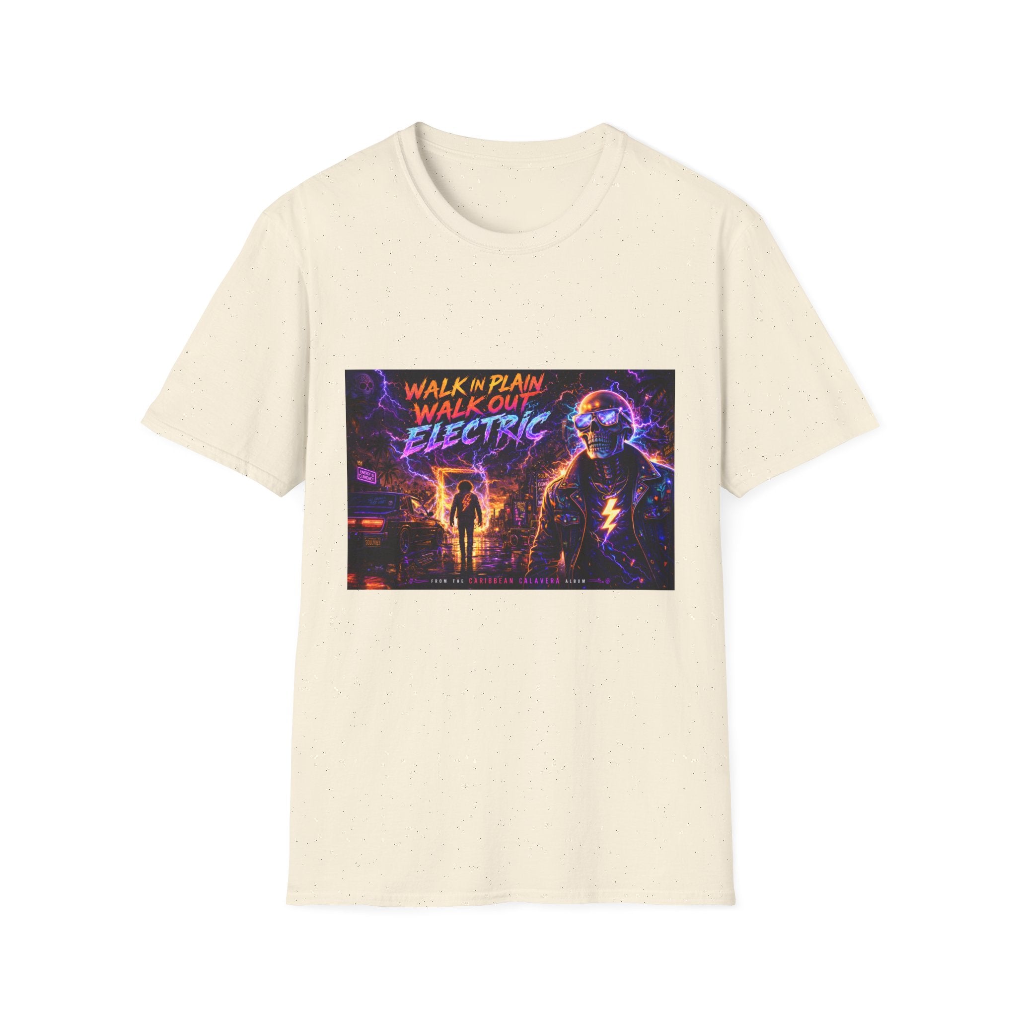 Walk Out Electric  Song Cover Art From The Caribbean Calavera Album Hoodie Retro Tee — “Walk In Plain, Walk Out Electric” Vintage Cyberpunk T-Shirt