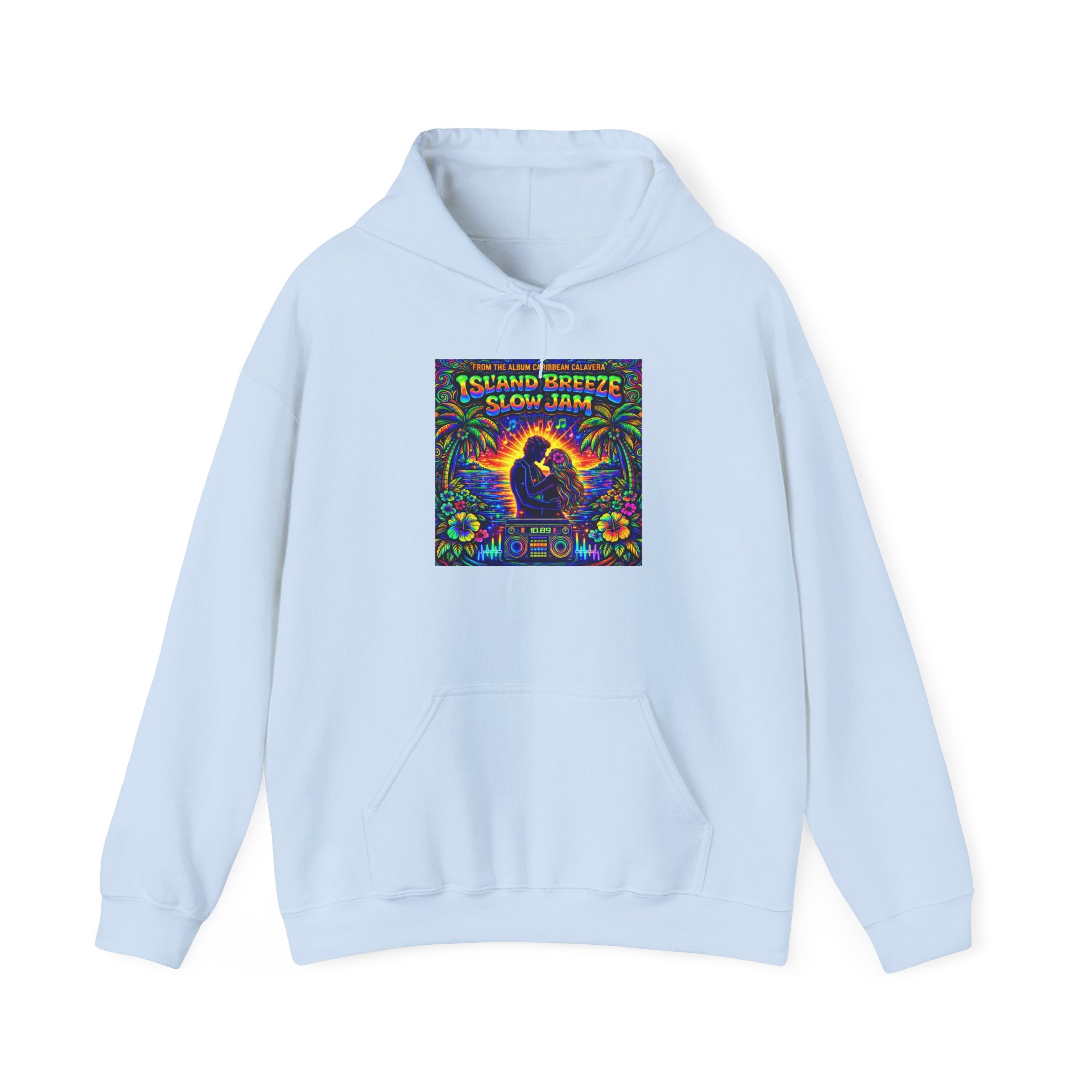 Island Breeze Slow Jam Hoodie  Song Cover Art From The Caribbean Calavera Album  — Retro Tropical Couple Graphic Hoodie