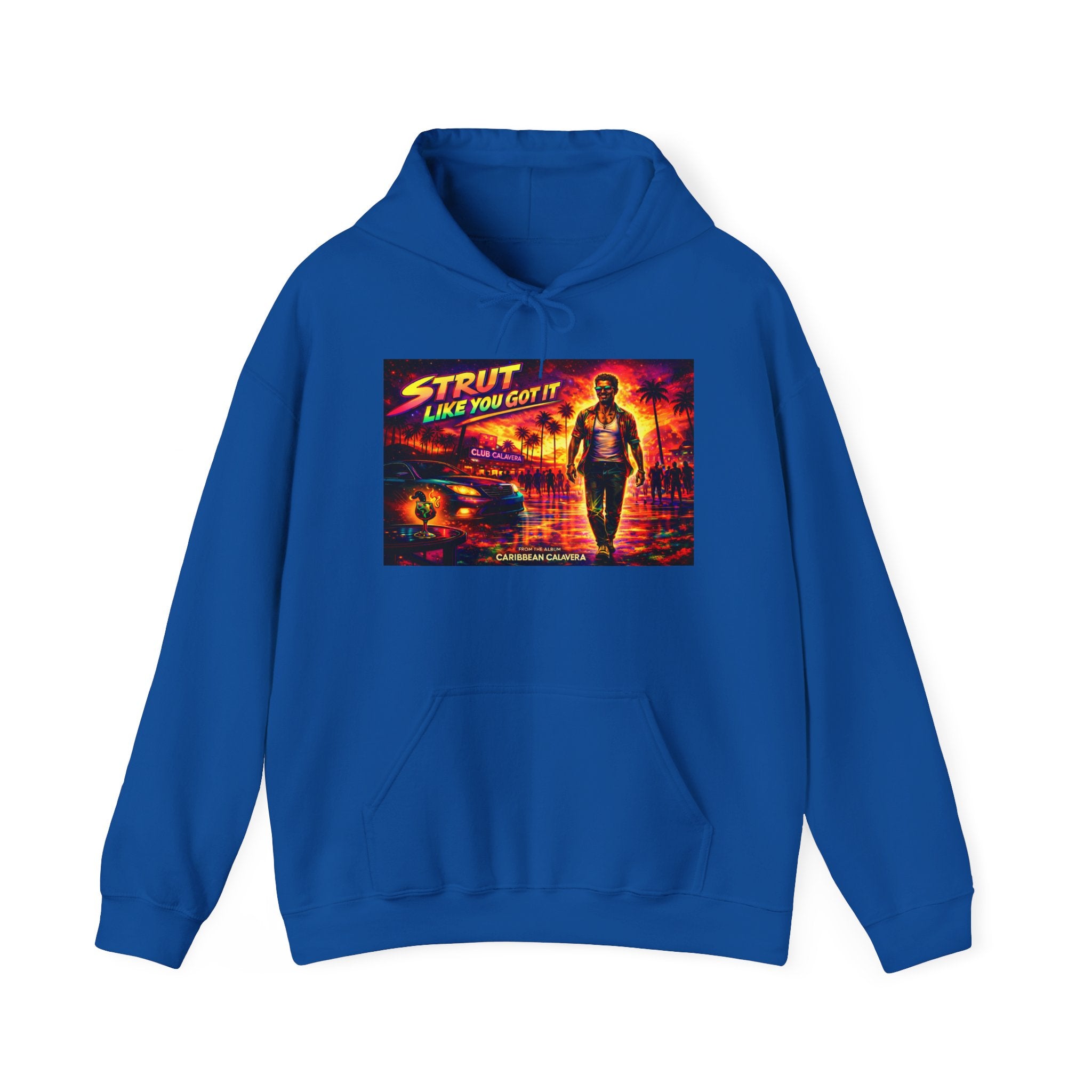 Retro 'Strut Like You Got It' Hoodie Song Cover Art From The Caribbean Calavera Album  — 80s Neon Vaporwave Streetwear