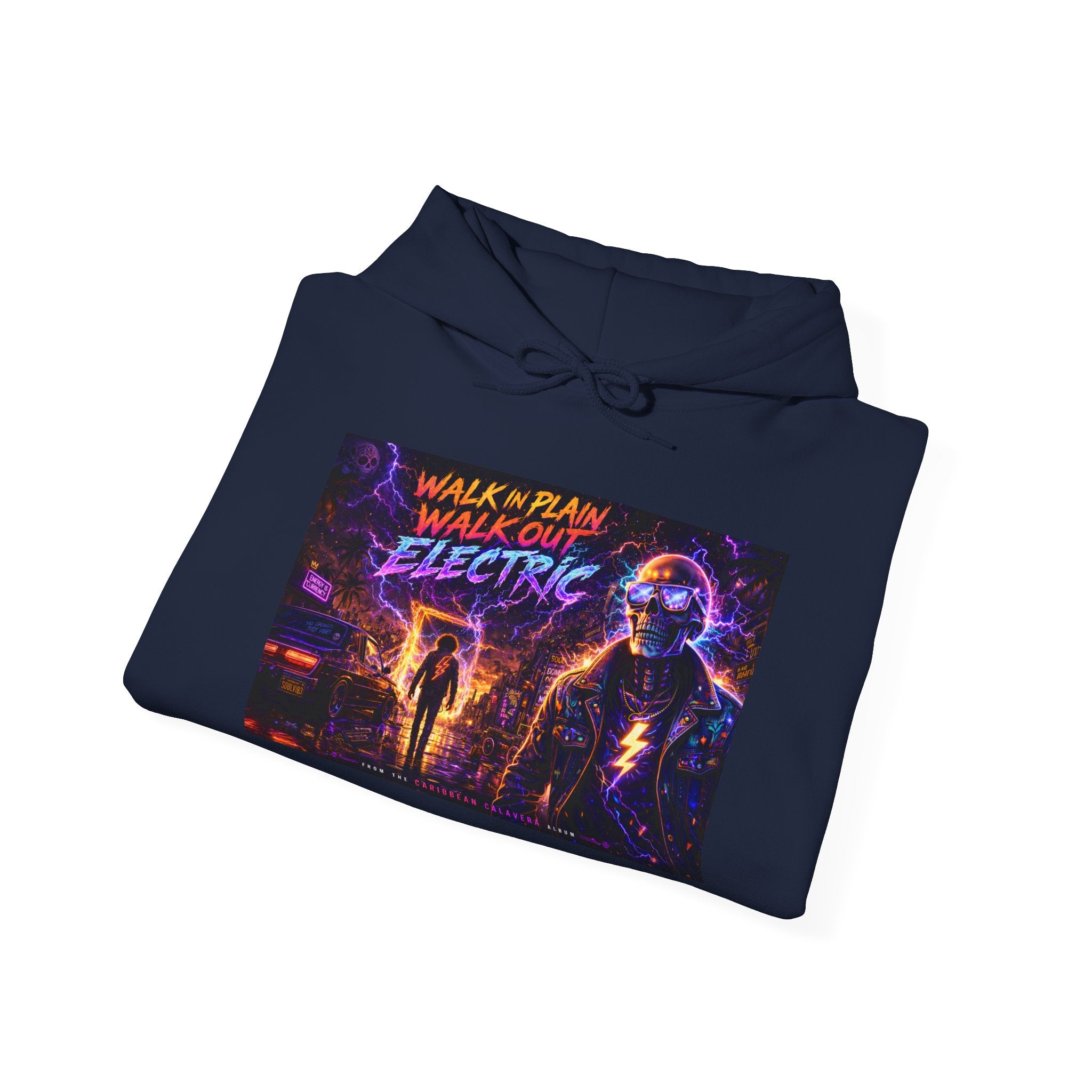 Hoodie — Neon 'Walk With Me, Walk Out Electric' Retro Cyberpunk Design