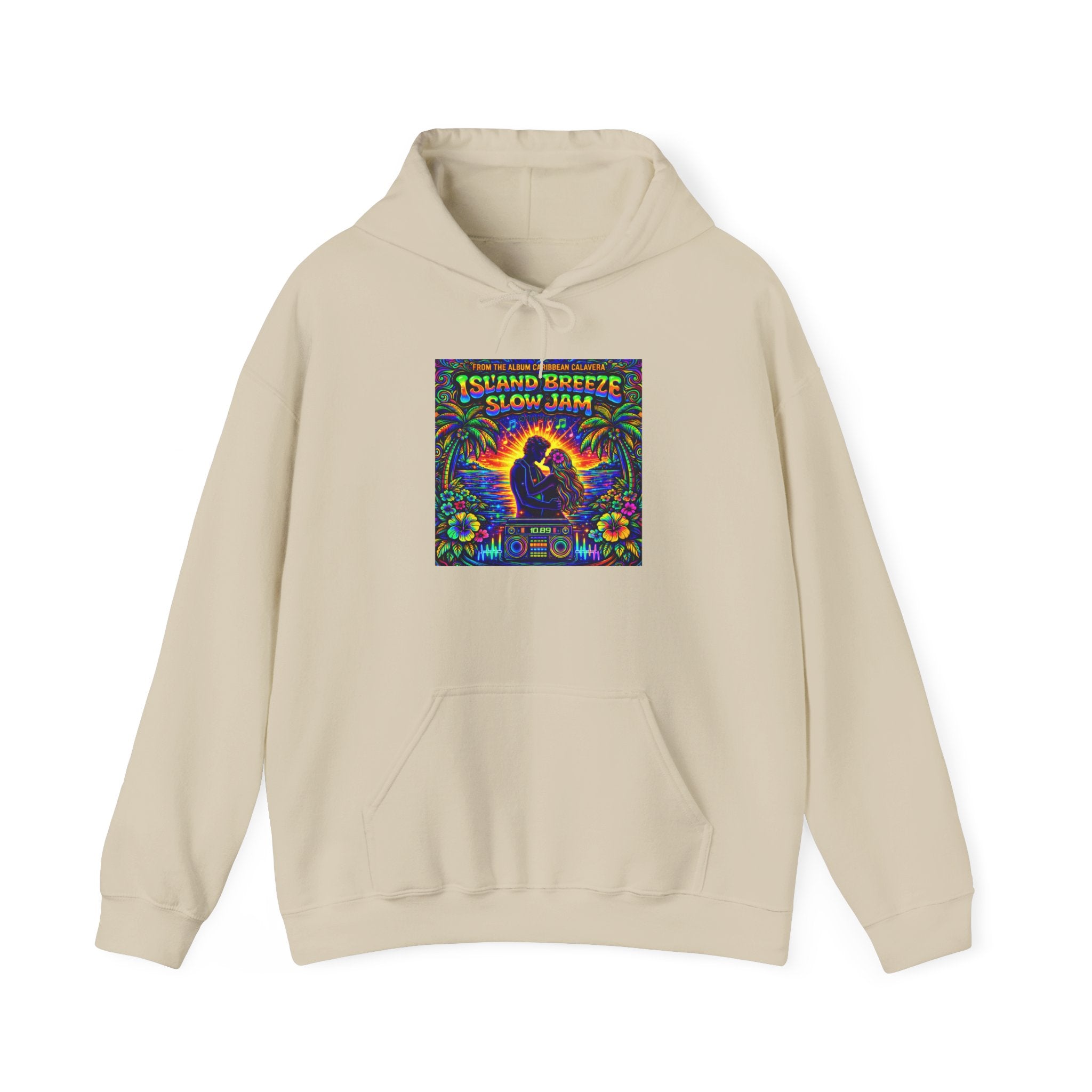 Island Breeze Slow Jam Hoodie  Song Cover Art From The Caribbean Calavera Album  — Retro Tropical Couple Graphic Hoodie