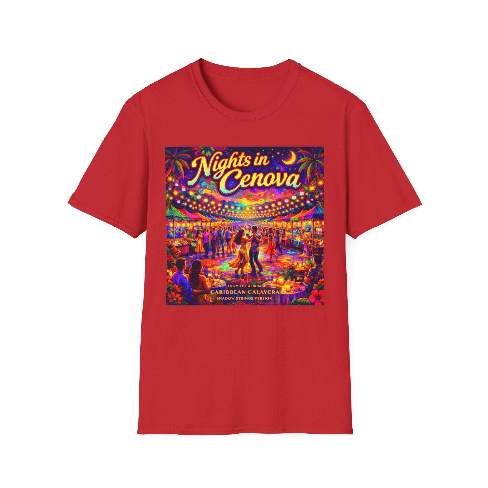 Nights in Cenova Graphic T-Shirt Song Cover Art From The Caribbean Calavera Album — Colorful Festival Street Scene
