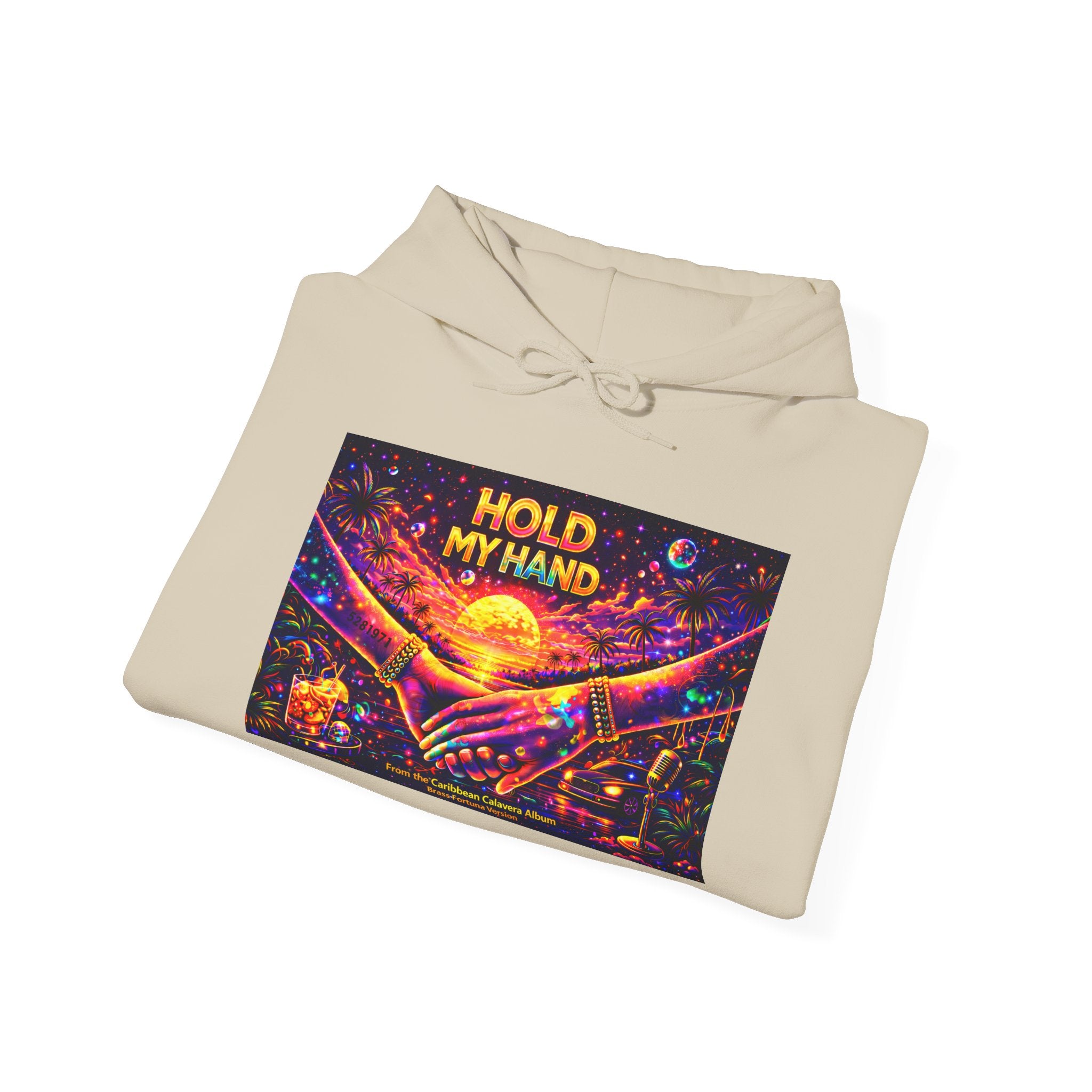 Hold My Hand Cosmic Hoodie Song Cover Art From The Caribbean Calavera Album  — Vibrant Sunset Hands Graphic Sweatshirt