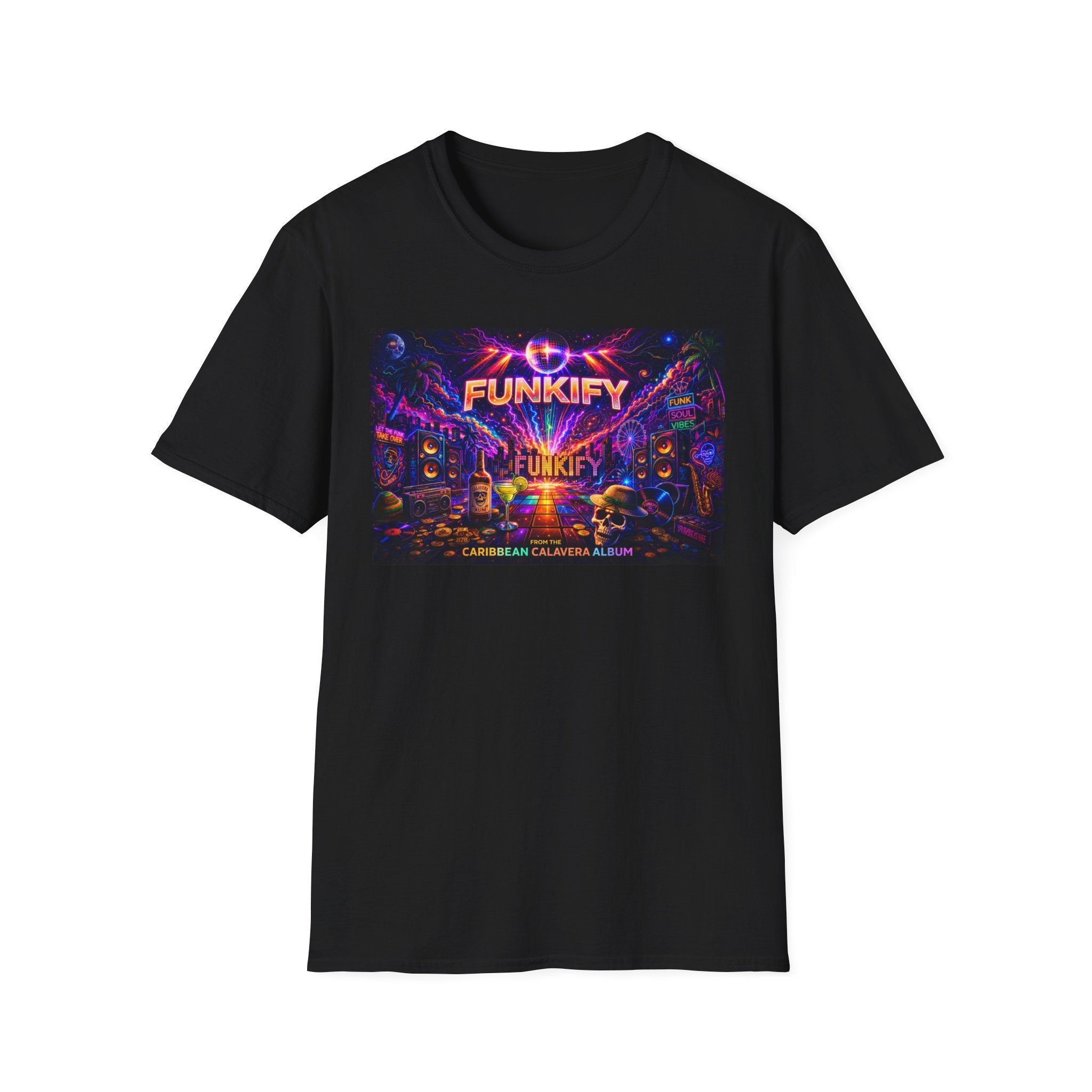 Funkify   Song Cover Art From The Caribbean Calavera Album  Neon City T-Shirt – Retro Synthwave Music Tee