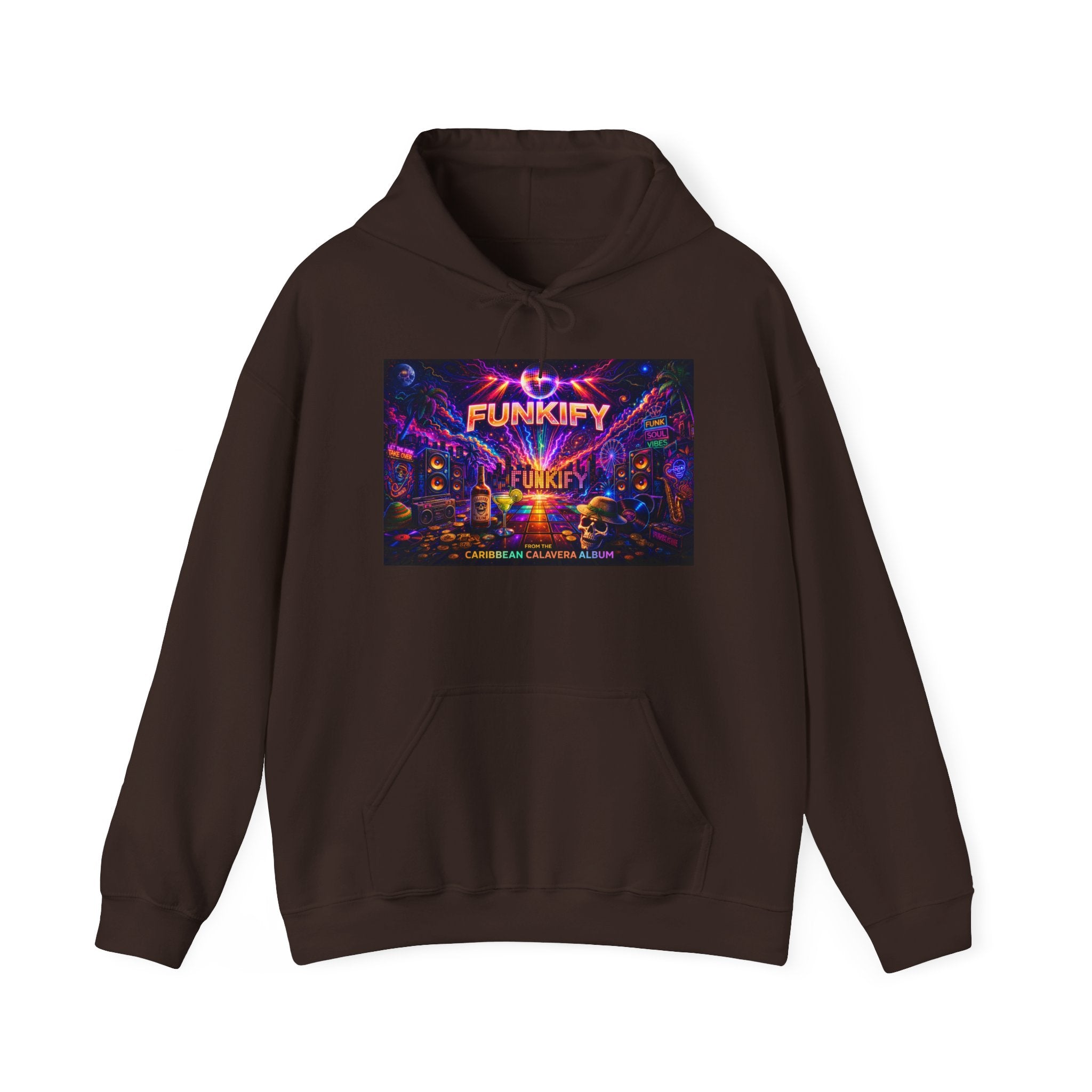 Funkify  Song Cover Art From The Caribbean Calavera Album   Retro Neon Music Hoodie — Vibrant Electronic Festival Sweatshirt