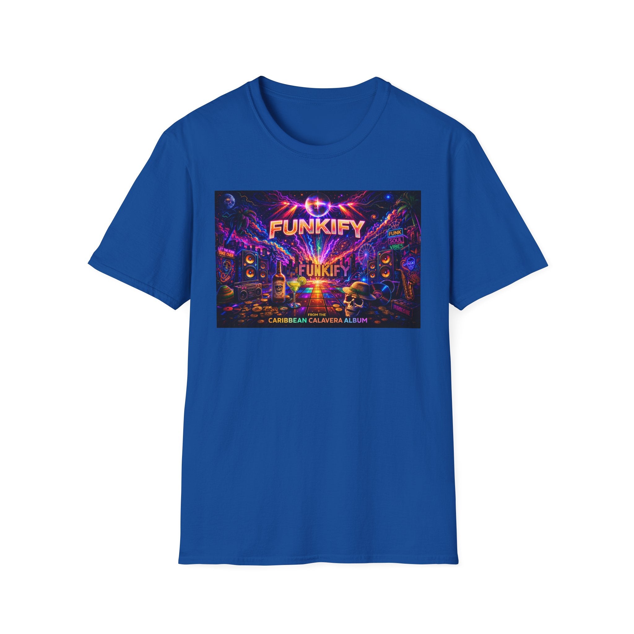 Funkify   Song Cover Art From The Caribbean Calavera Album  Neon City T-Shirt – Retro Synthwave Music Tee