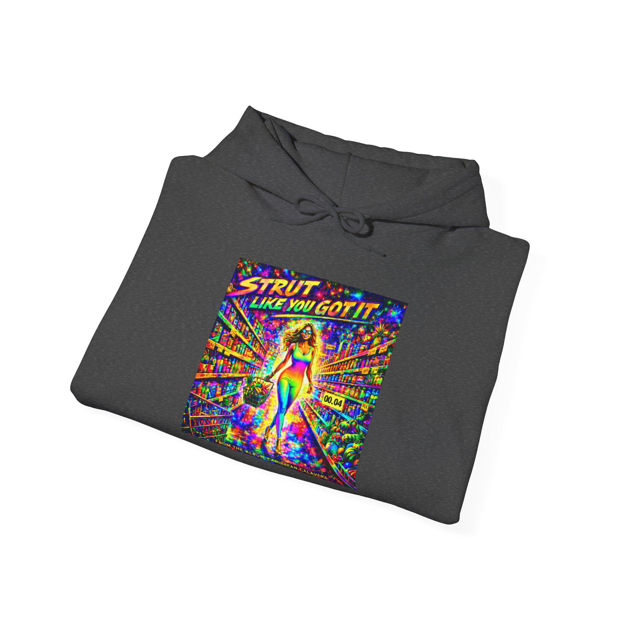 Strut! Like You Got It Retro Disco Hoodie Song Cover Art From The Caribbean Calavera Album — Colorful Rainbow Graphic